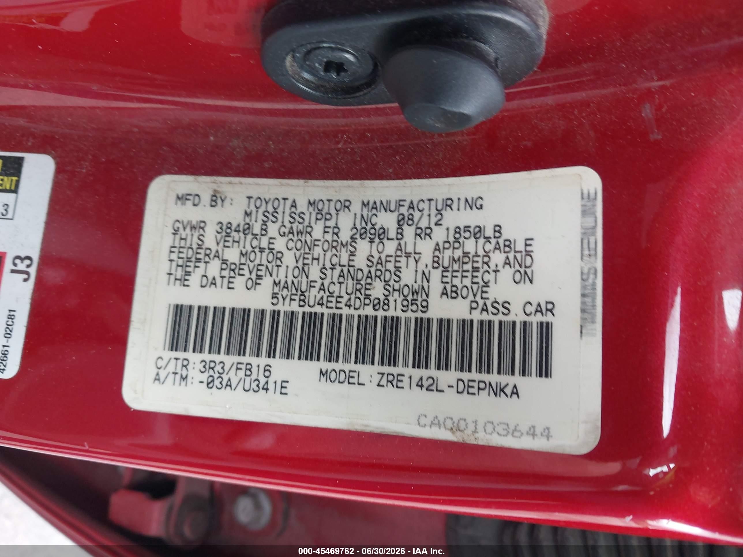 2013 Toyota Corolla Le Red vin: 5YFBU4EE4DP081959