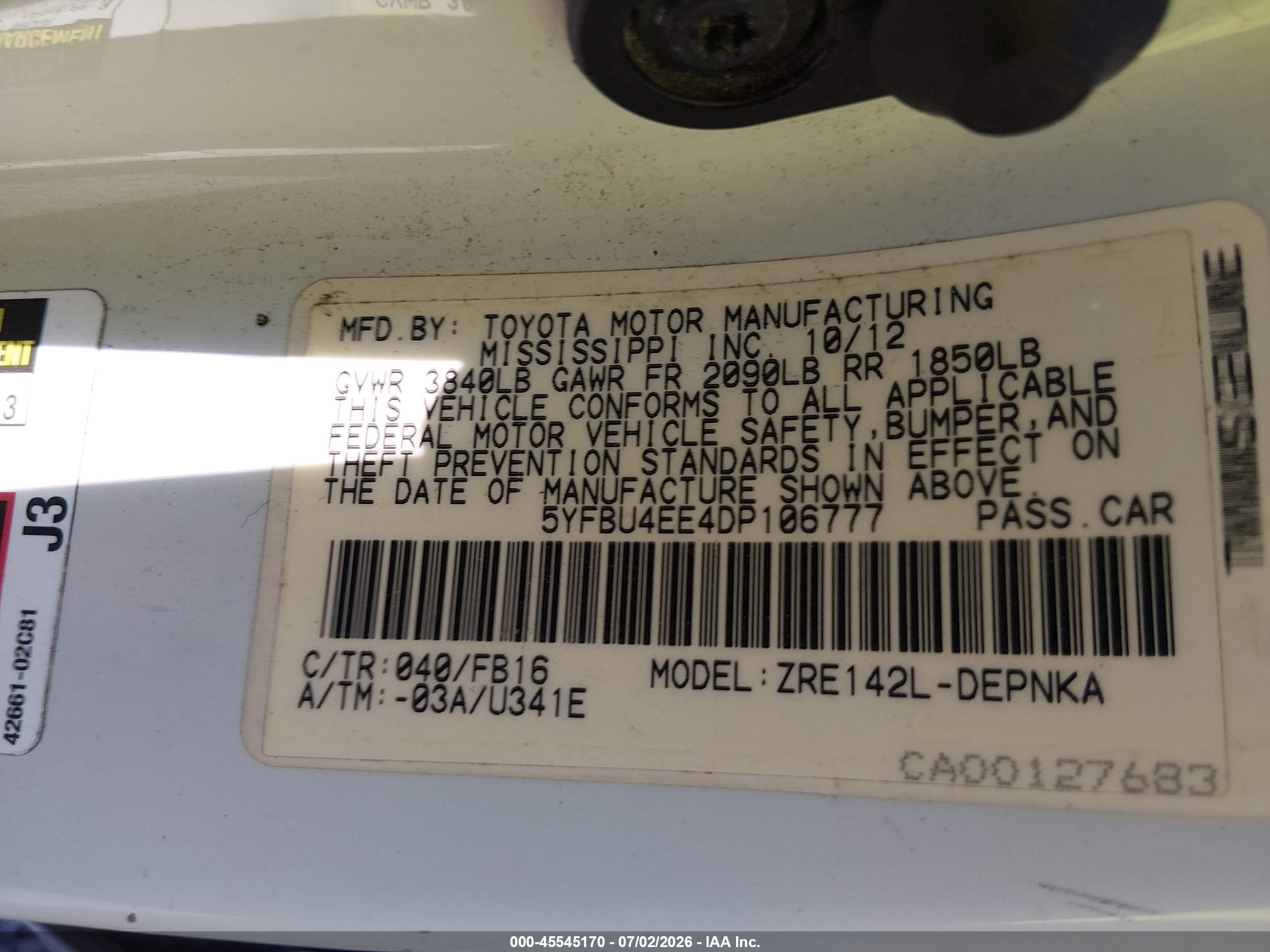 2013 Toyota Corolla Le Белый vin: 5YFBU4EE4DP106777