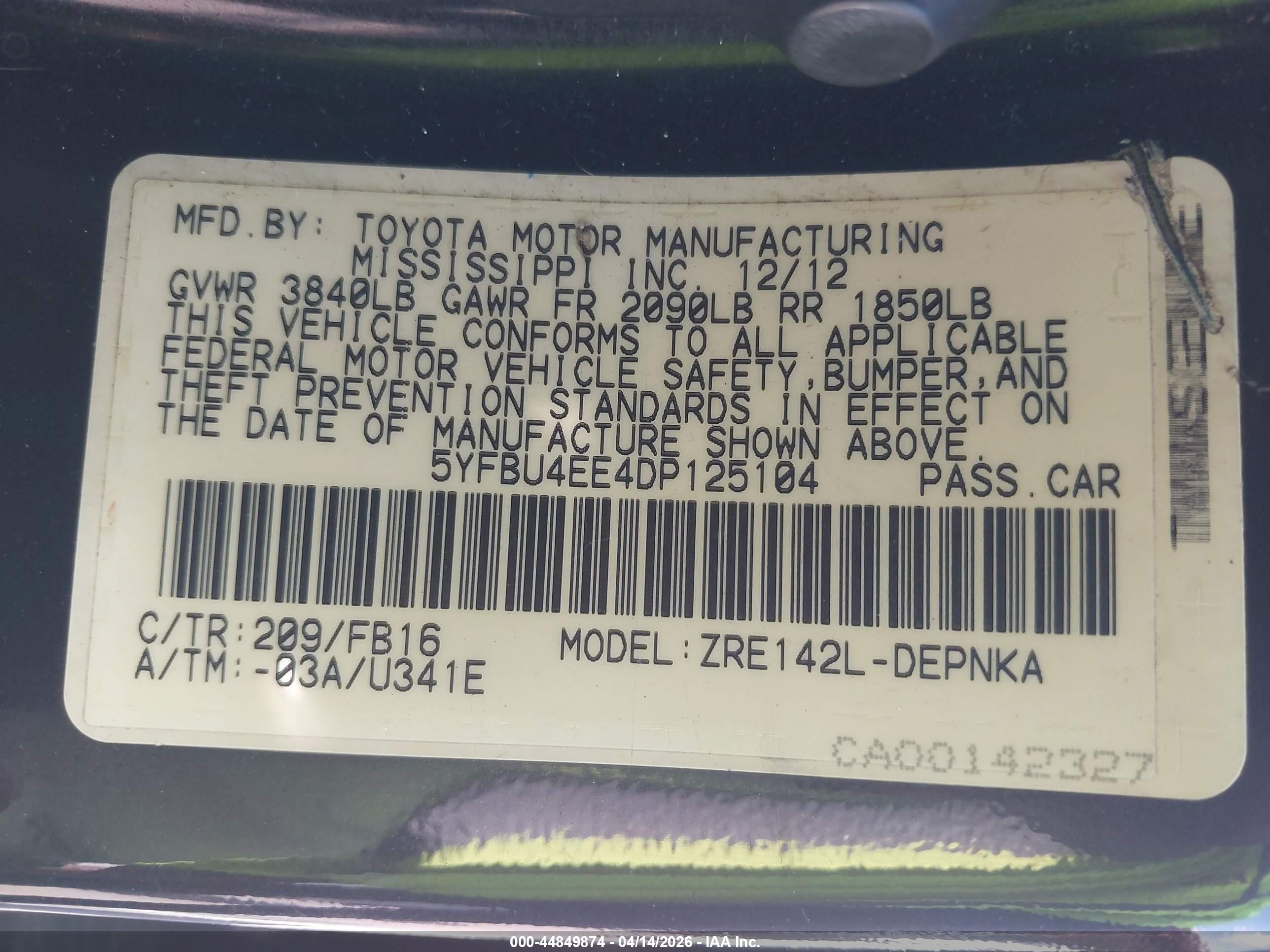 2013 Toyota Corolla Le Black vin: 5YFBU4EE4DP125104