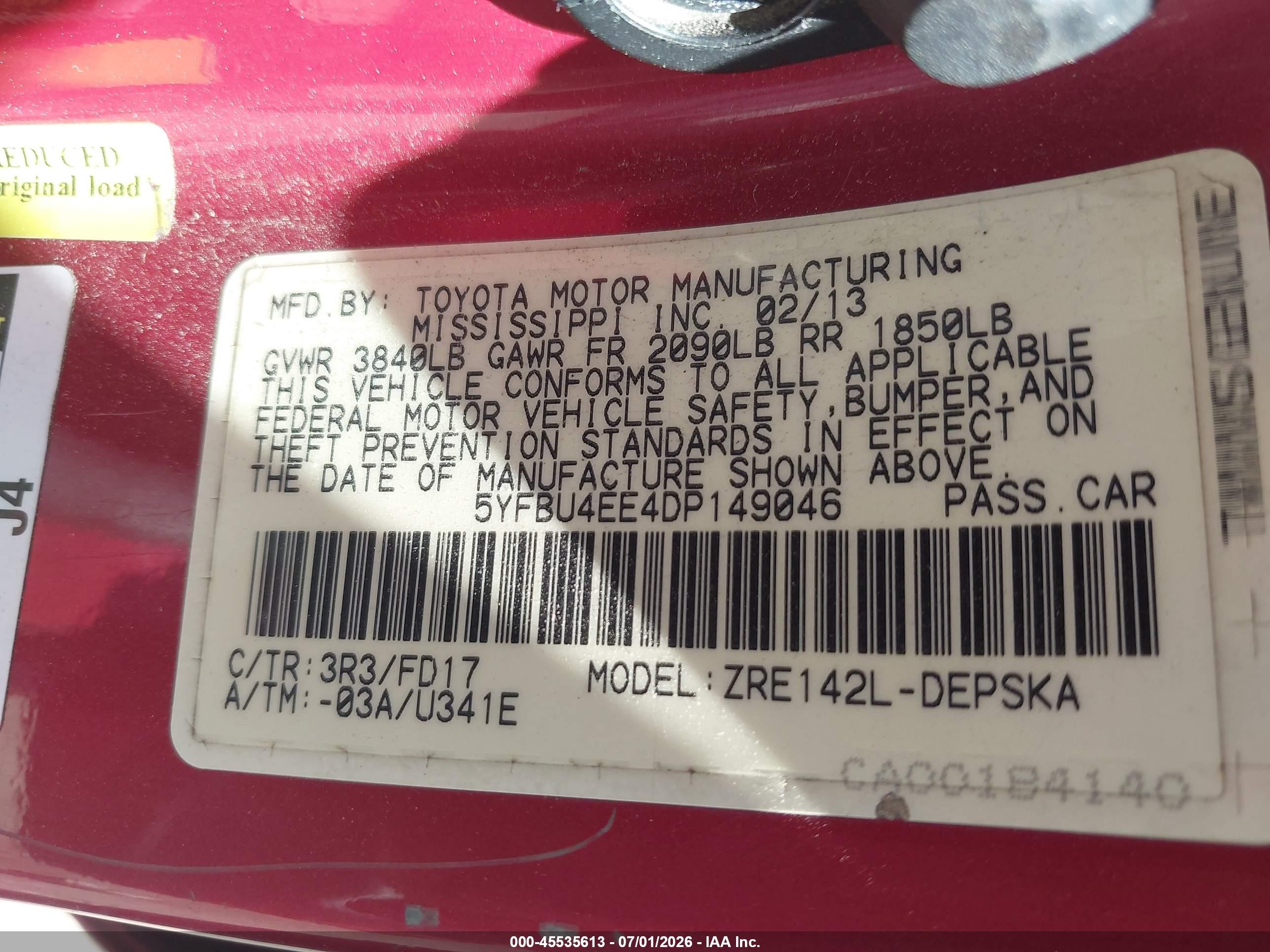 2013 Toyota Corolla S Red vin: 5YFBU4EE4DP149046