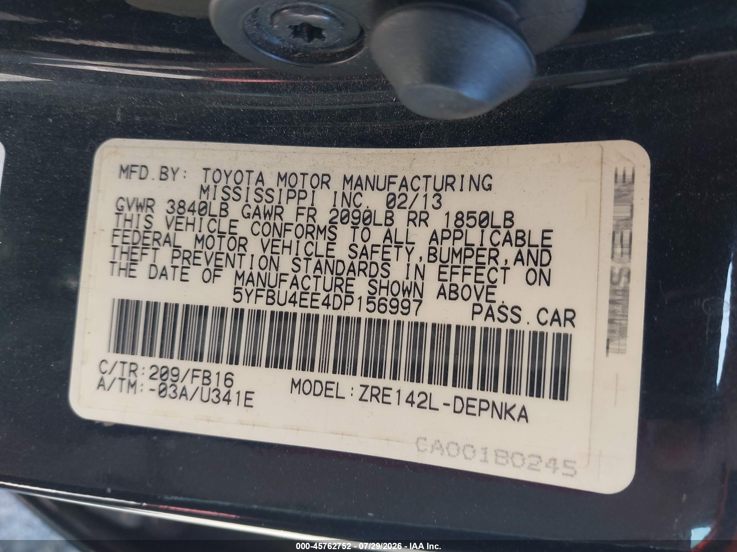 2013 Toyota Corolla Le Black vin: 5YFBU4EE4DP156997