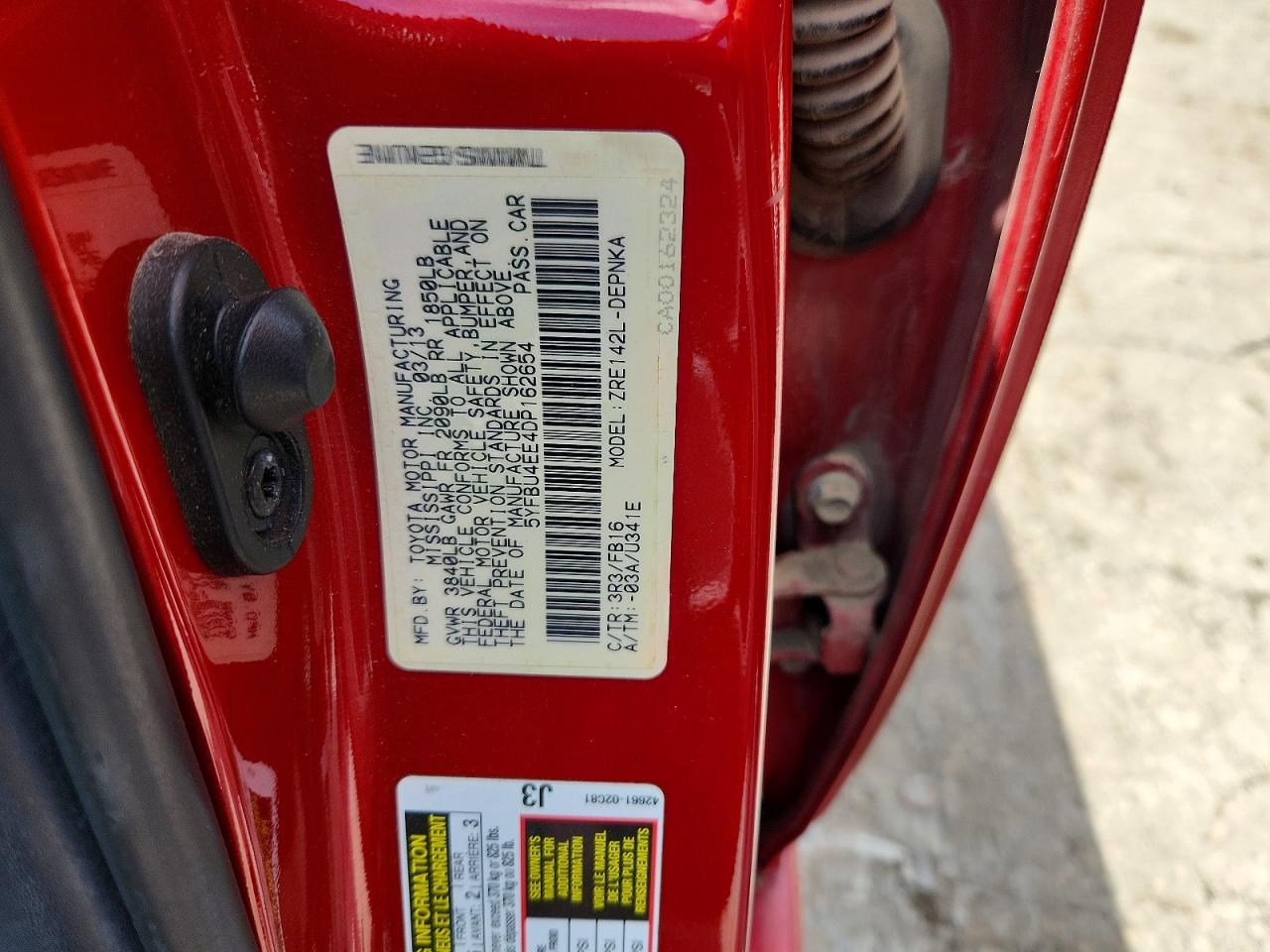 2013 Toyota Corolla Le Red vin: 5YFBU4EE4DP162654