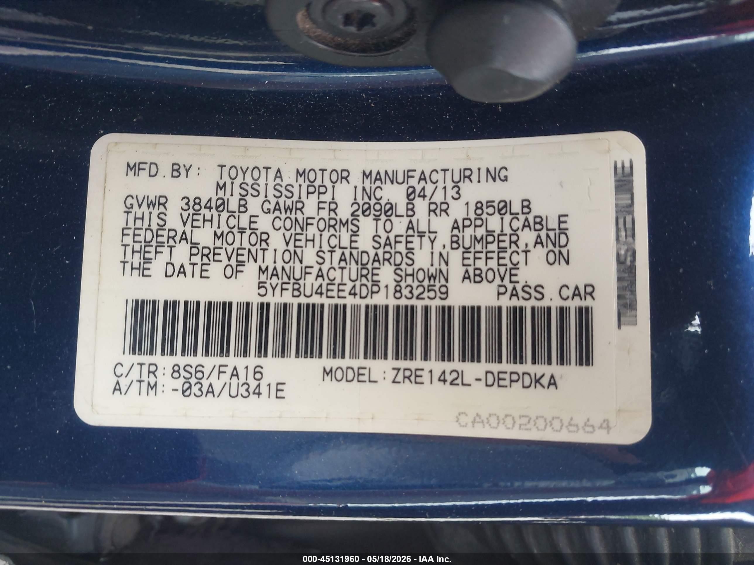 2013 Toyota Corolla L Blue vin: 5YFBU4EE4DP183259