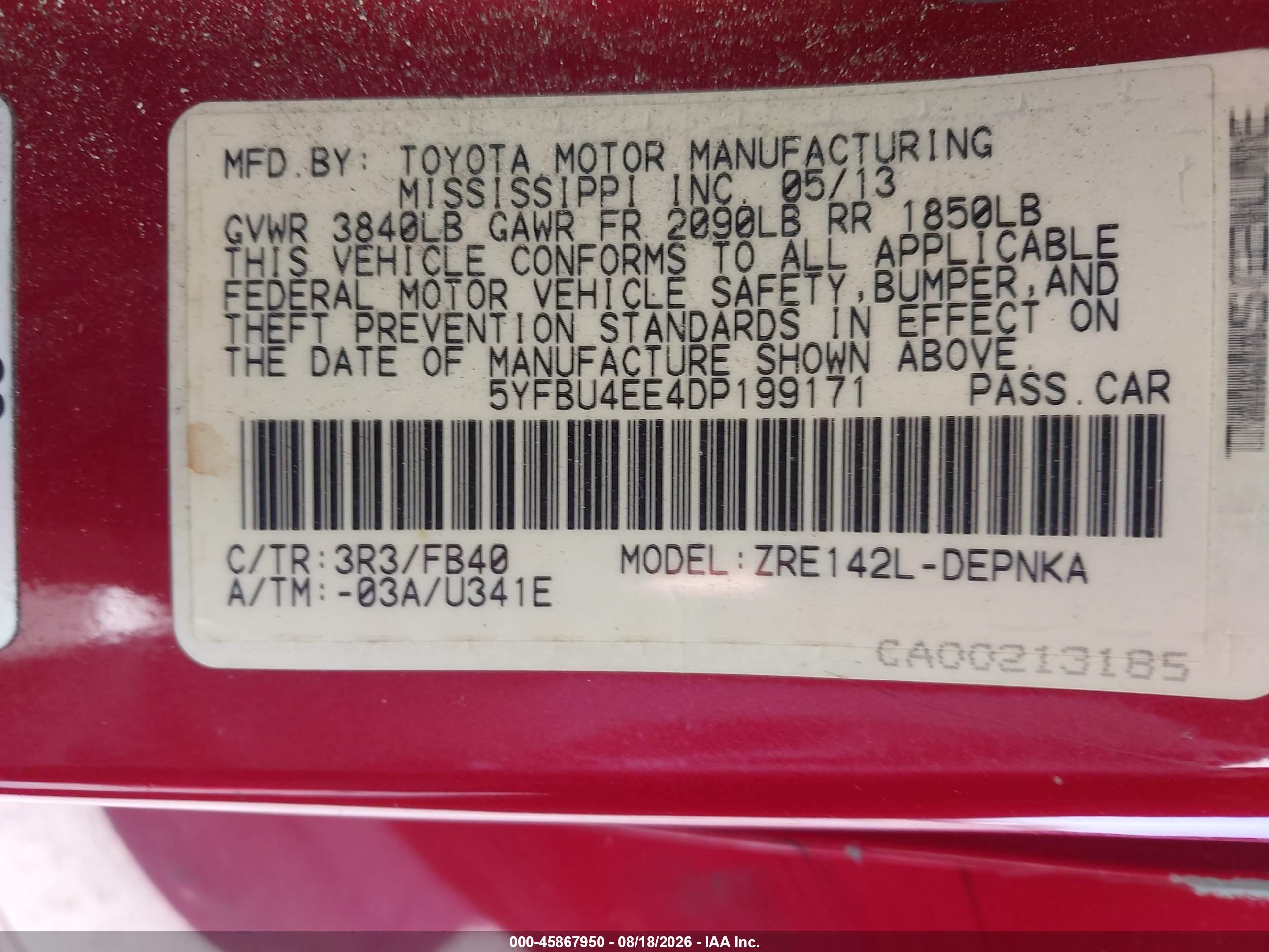 2013 Toyota Corolla Le Red vin: 5YFBU4EE4DP199171