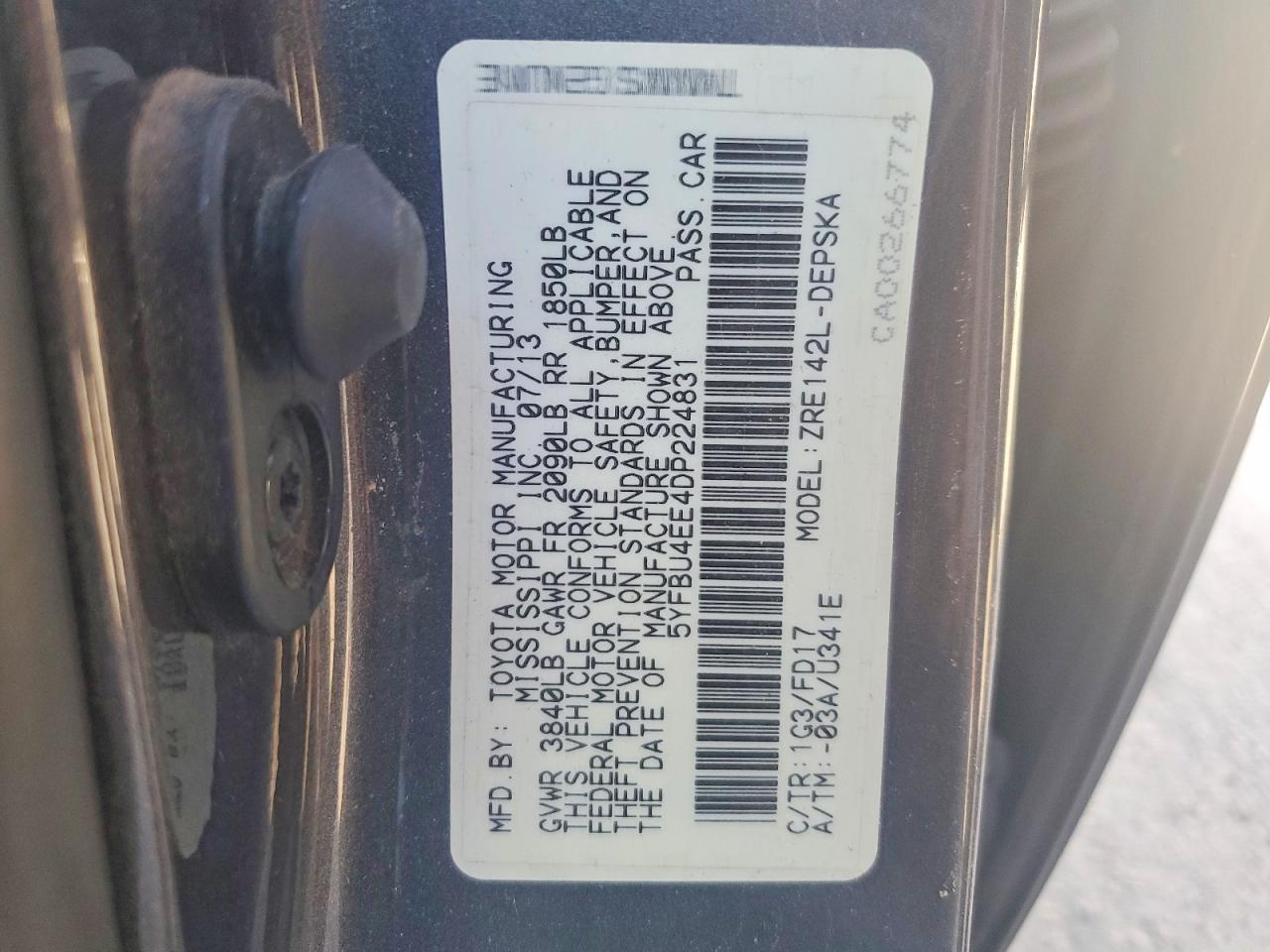 2013 Toyota Corolla S Угольный vin: 5YFBU4EE4DP224831