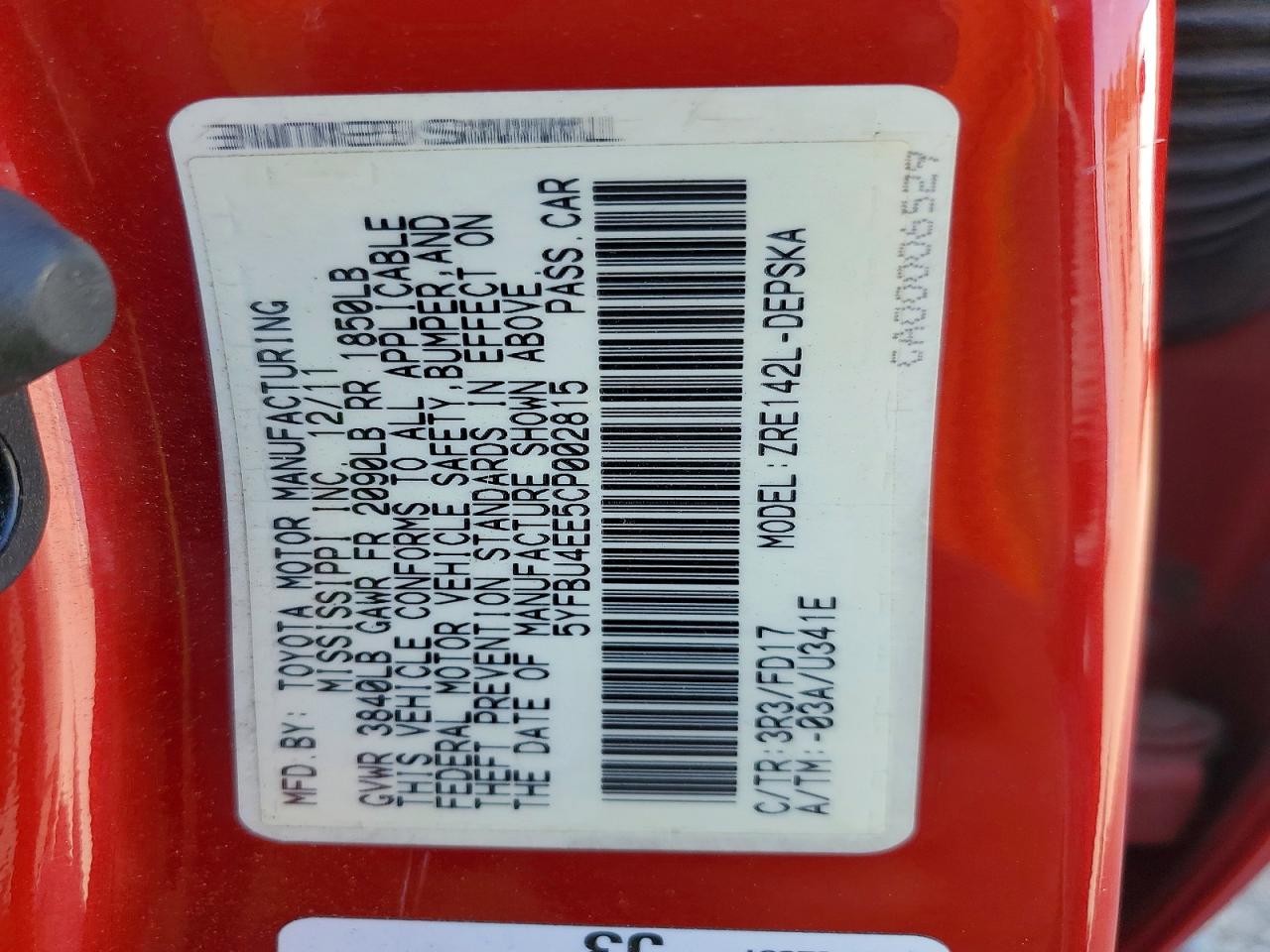 2012 Toyota Corolla S Red vin: 5YFBU4EE5CP002815