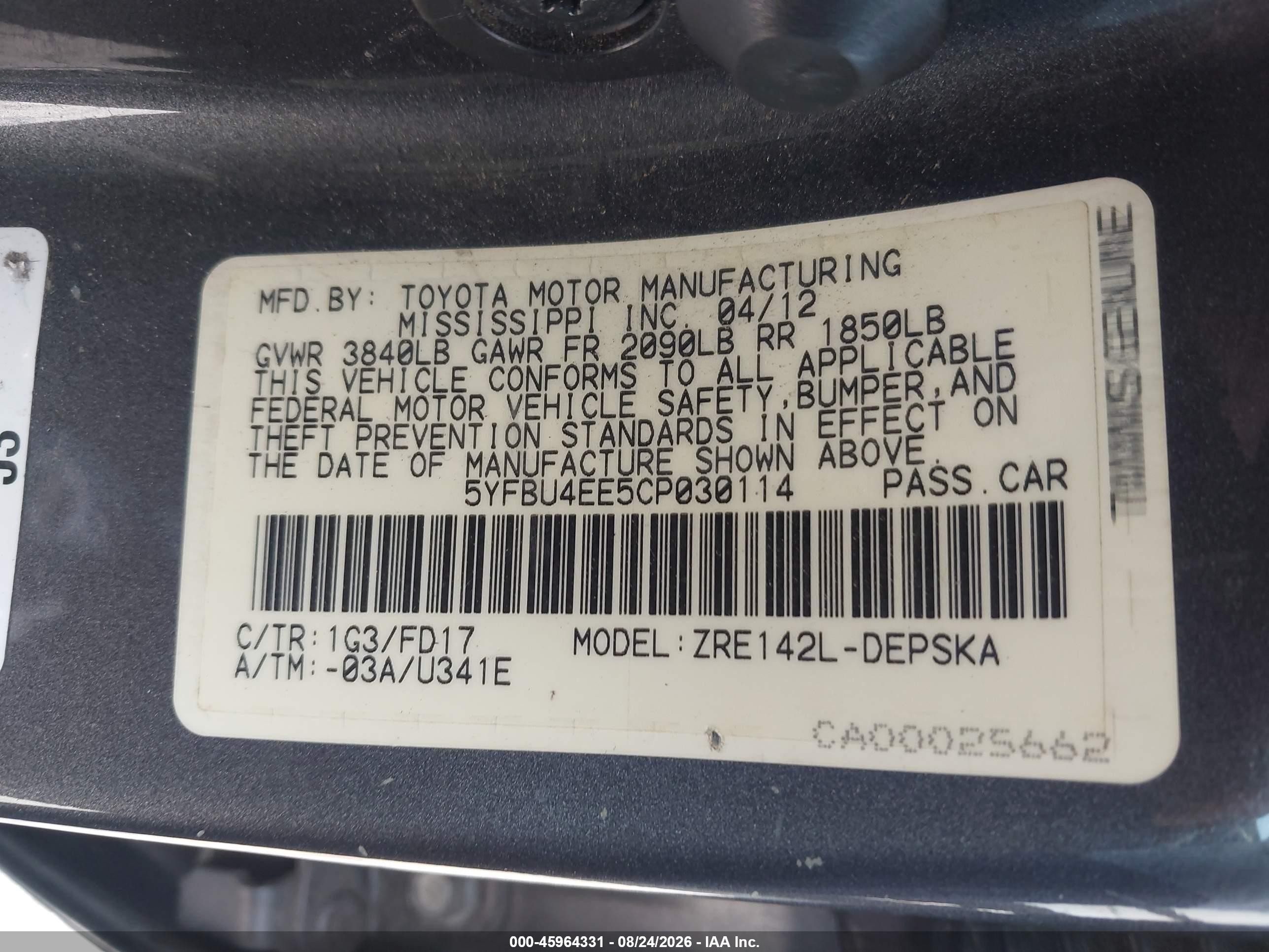 2012 Toyota Corolla S Black vin: 5YFBU4EE5CP030114