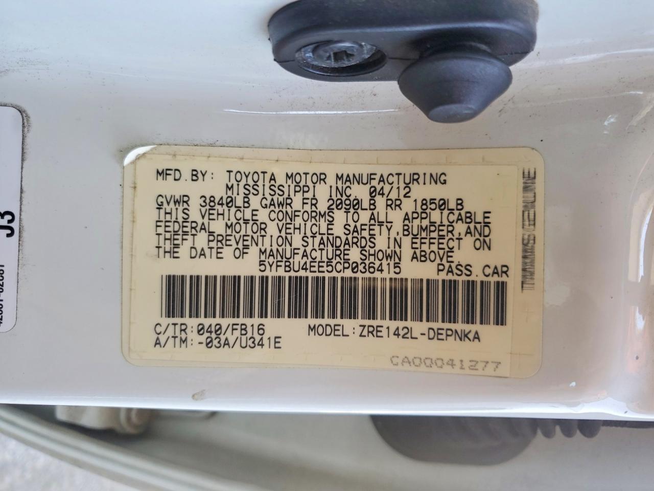 2012 Toyota Corolla L White vin: 5YFBU4EE5CP036415