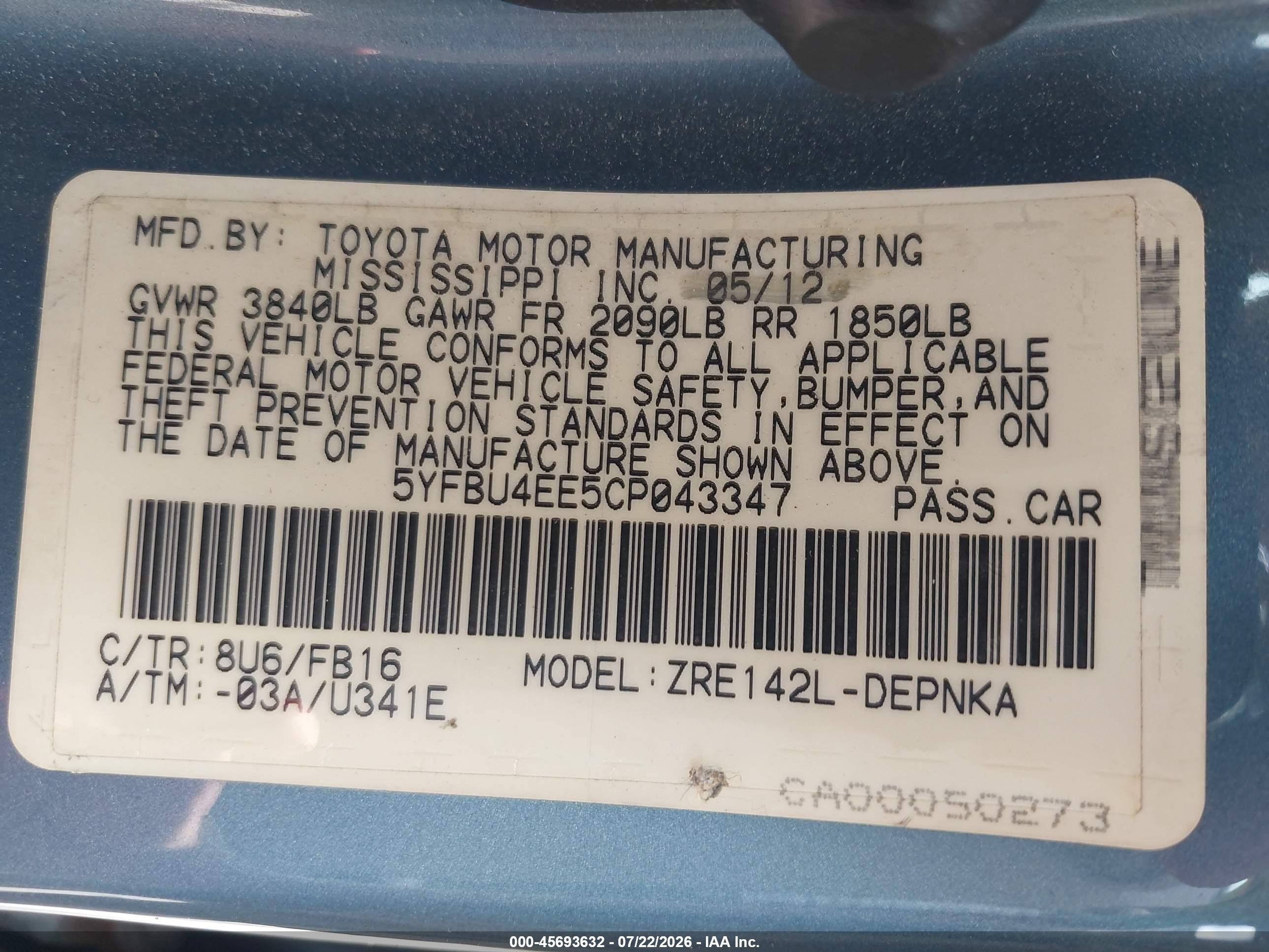 2012 Toyota Corolla Le Blue vin: 5YFBU4EE5CP043347