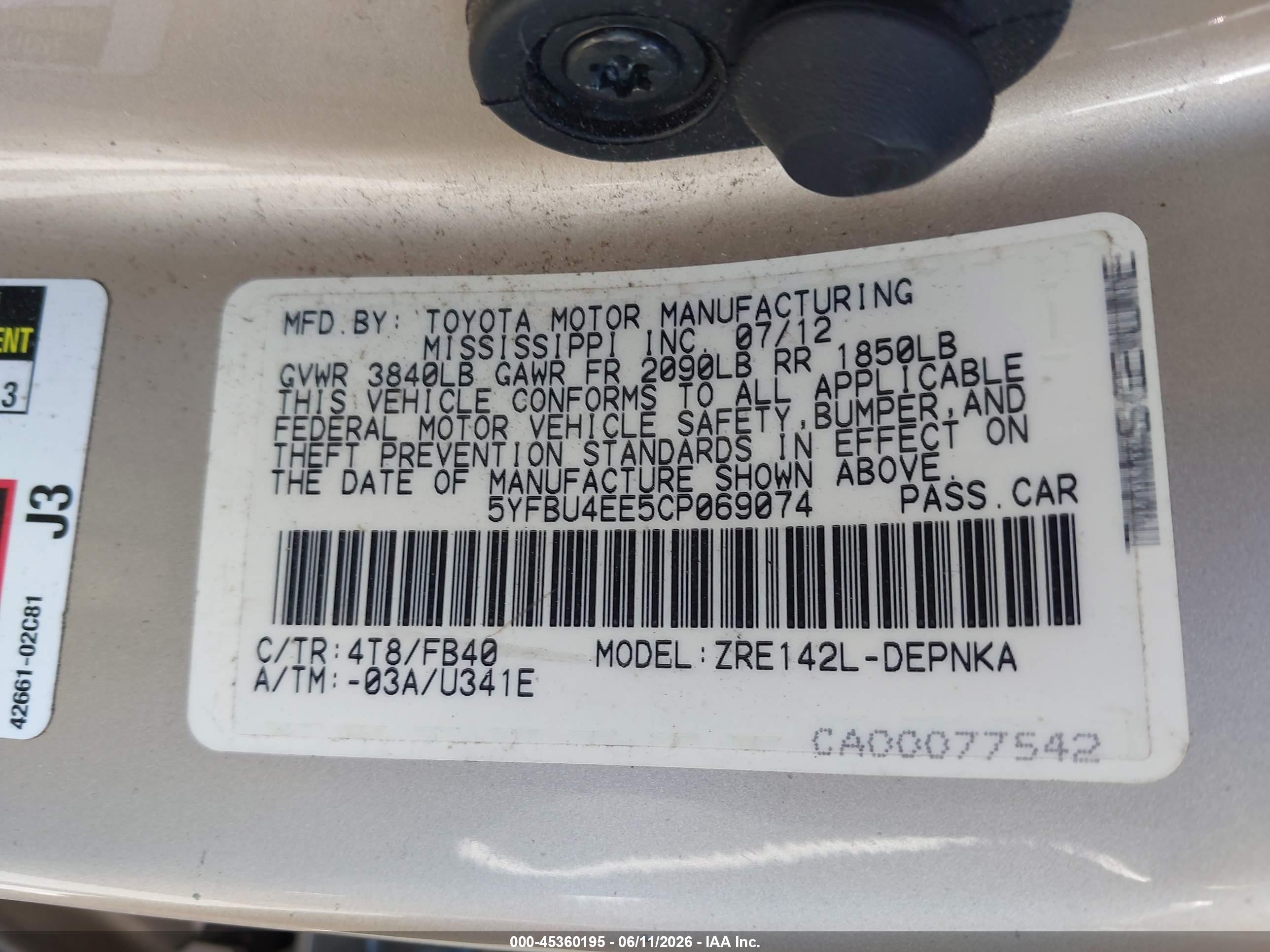 2012 Toyota Corolla Le Gold vin: 5YFBU4EE5CP069074