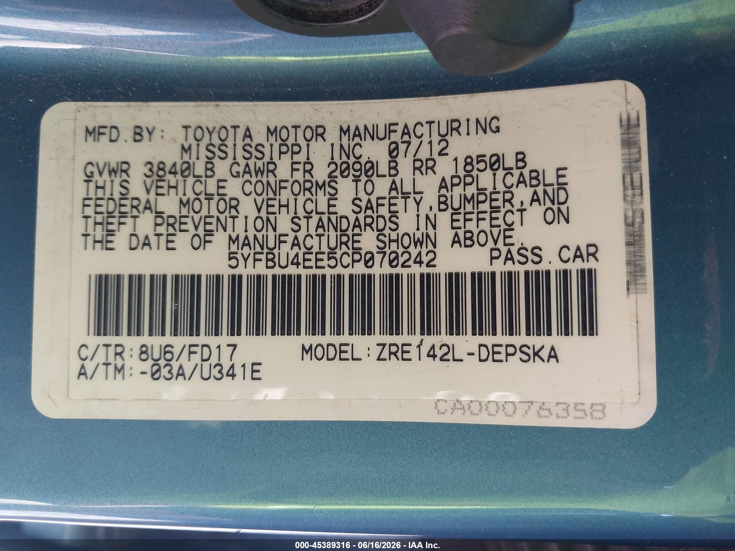 2012 Toyota Corolla S Blue vin: 5YFBU4EE5CP070242