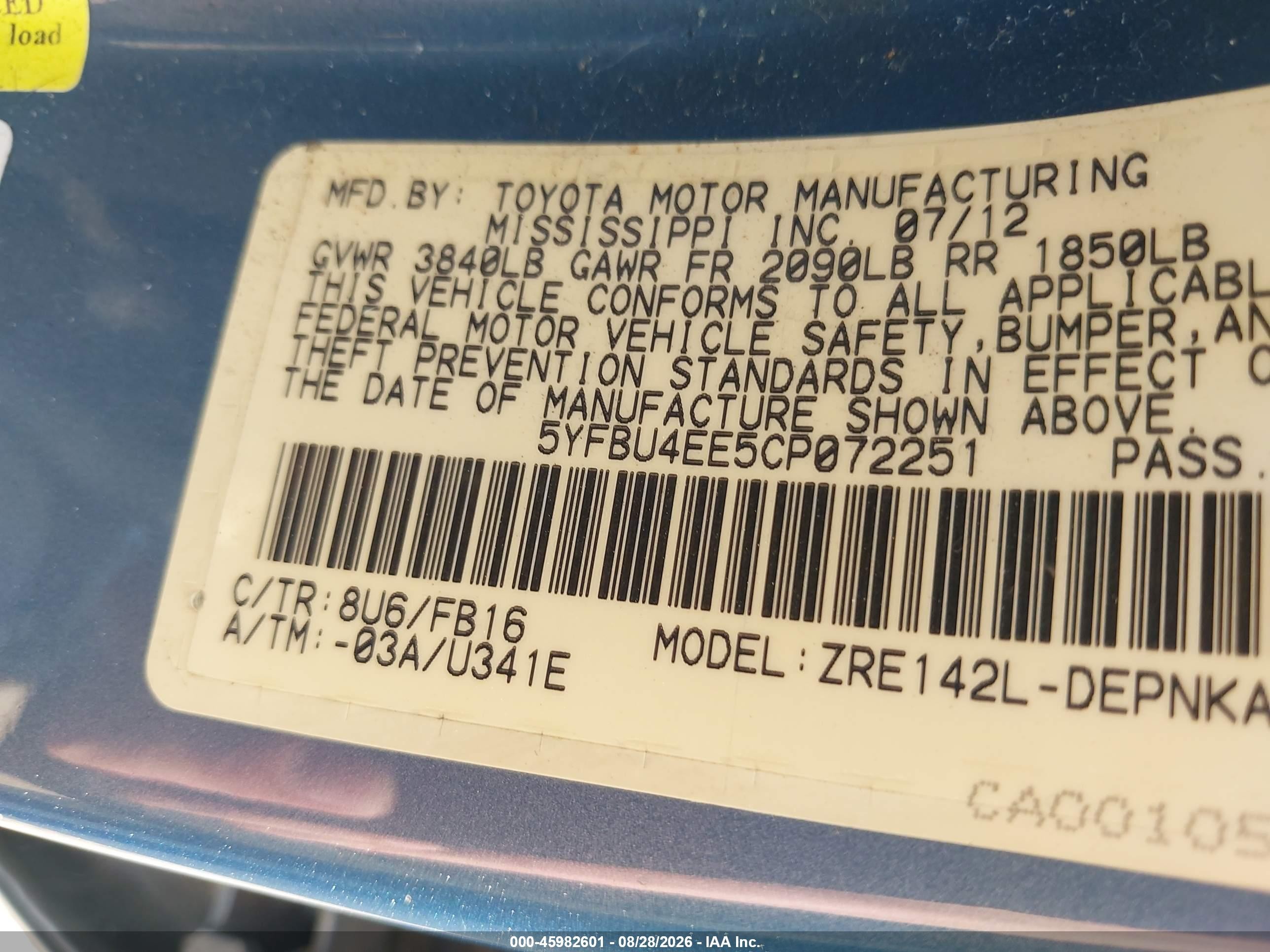 2012 Toyota Corolla Le Blue vin: 5YFBU4EE5CP072251