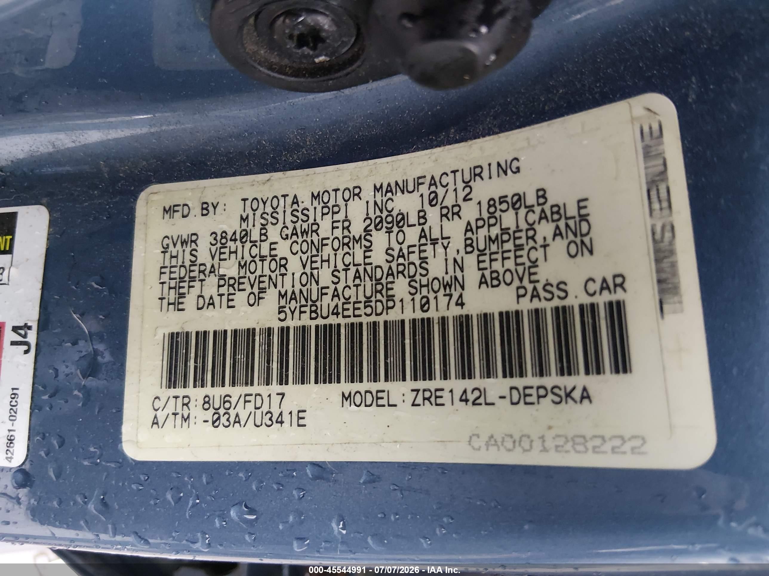 2013 Toyota Corolla S/le Blue vin: 5YFBU4EE5DP110174
