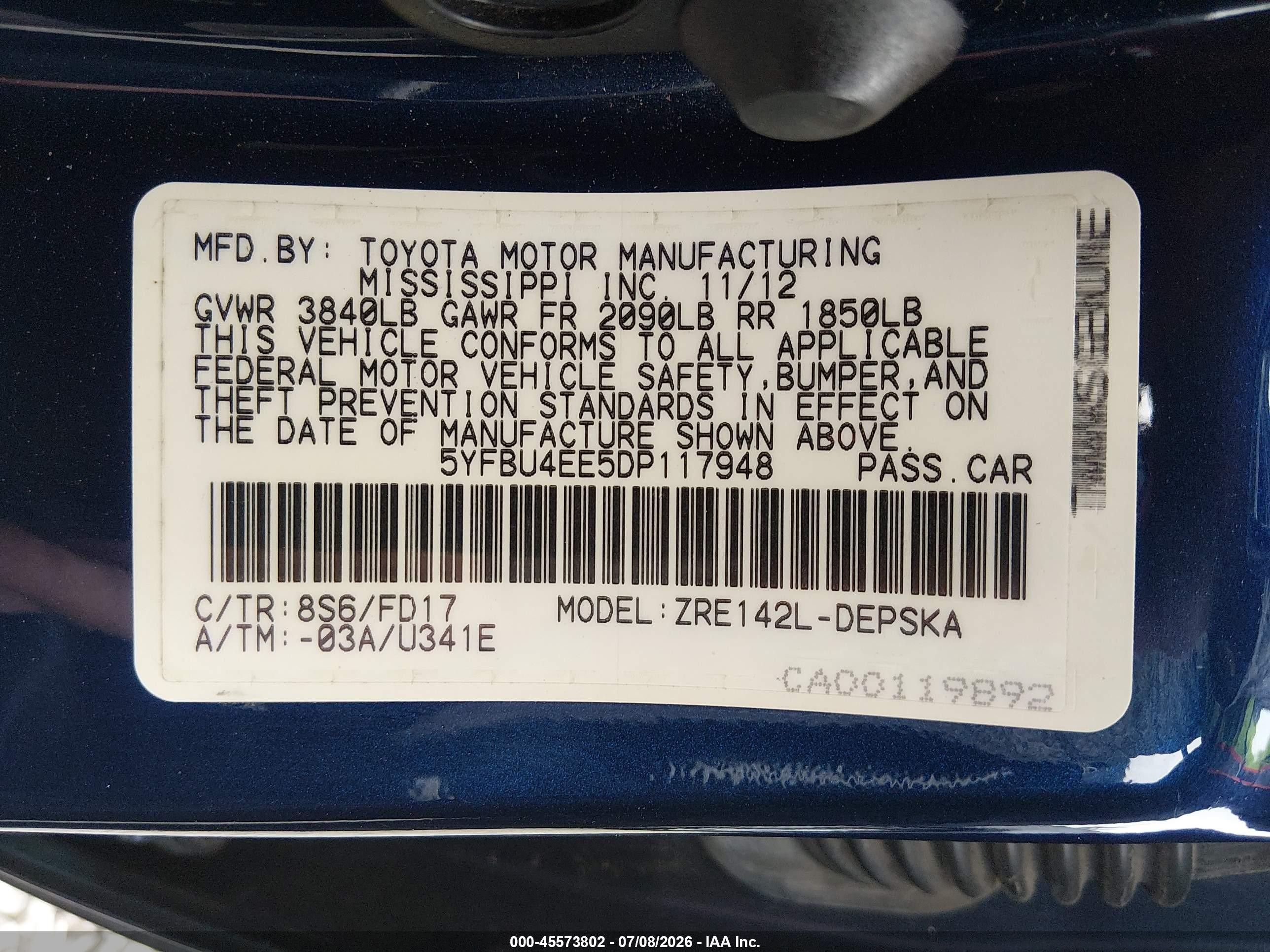 2013 Toyota Corolla S Blue vin: 5YFBU4EE5DP117948