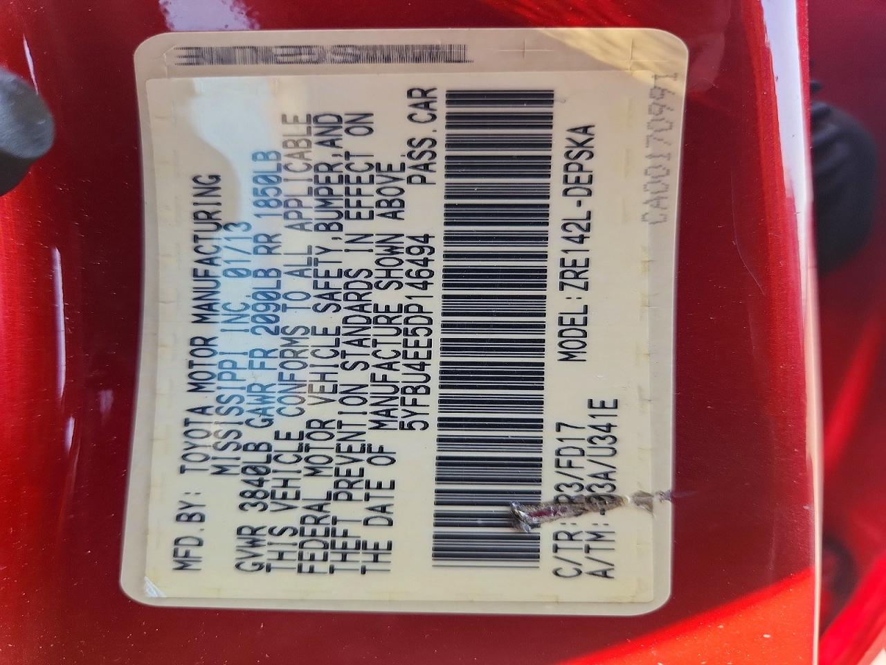 2013 Toyota Corolla S Red vin: 5YFBU4EE5DP146494