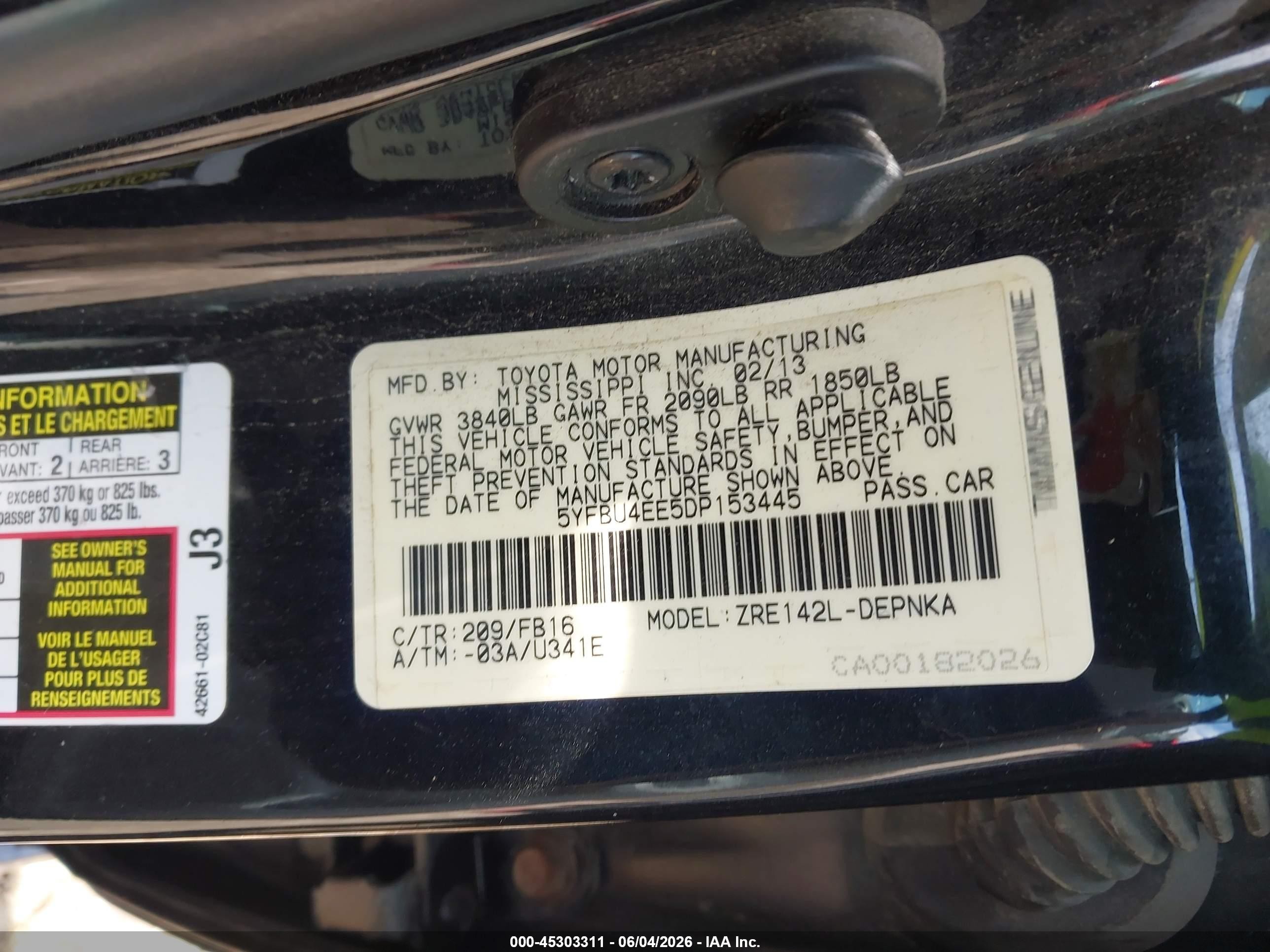 2013 Toyota Corolla Le Black vin: 5YFBU4EE5DP153445