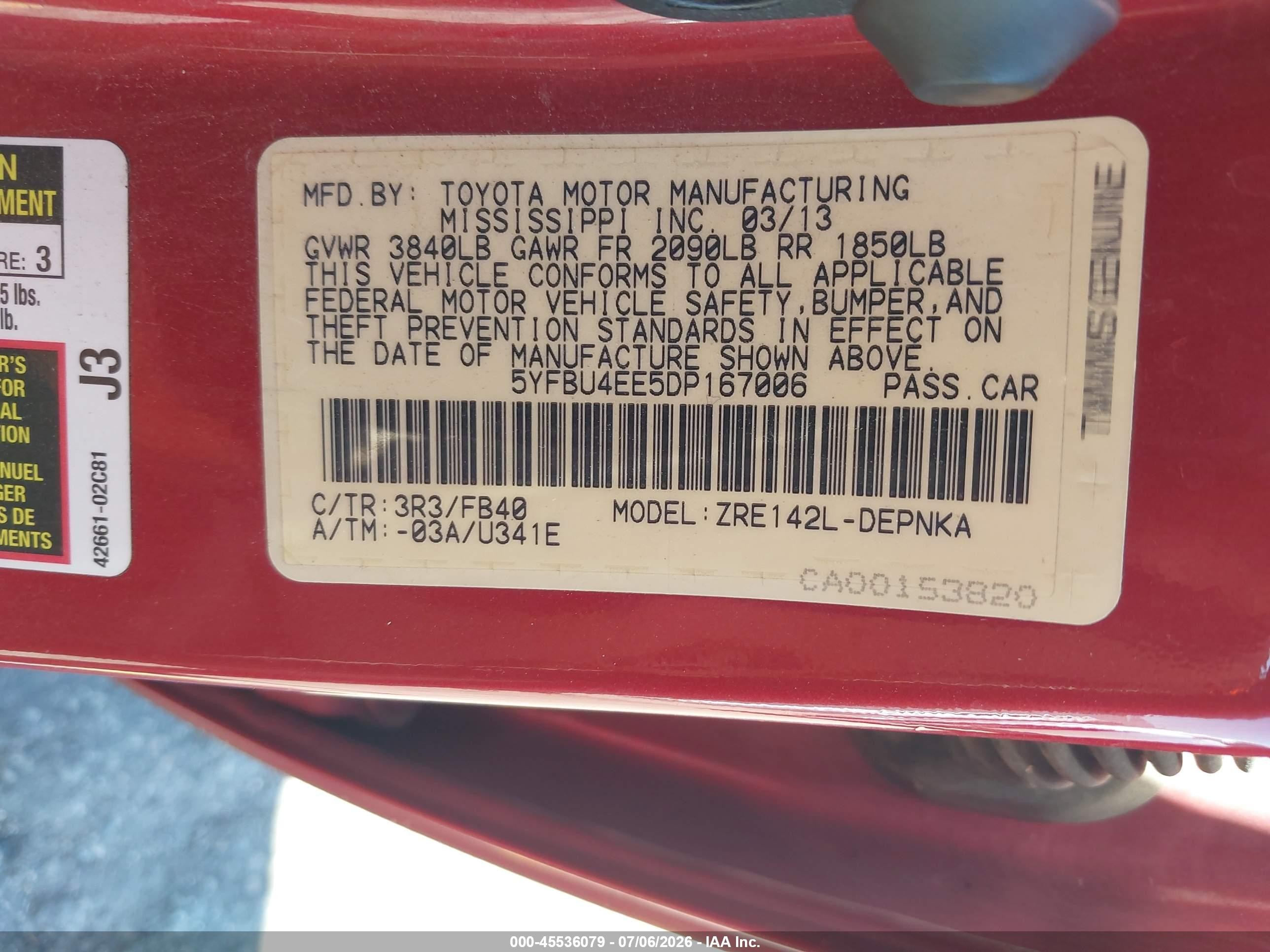 2013 Toyota Corolla Le Красный vin: 5YFBU4EE5DP167006