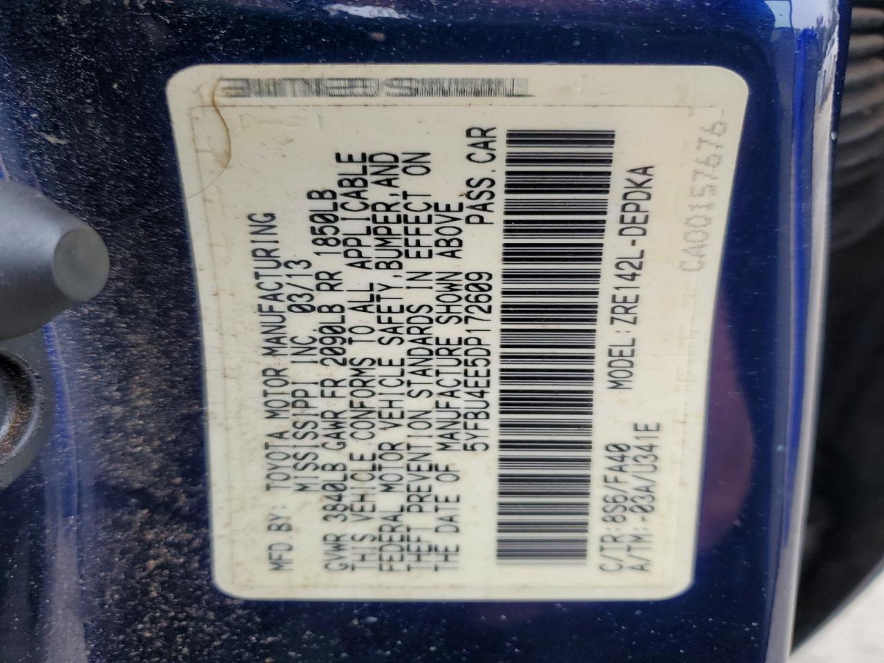 2013 Toyota Corolla L Blue vin: 5YFBU4EE5DP172609