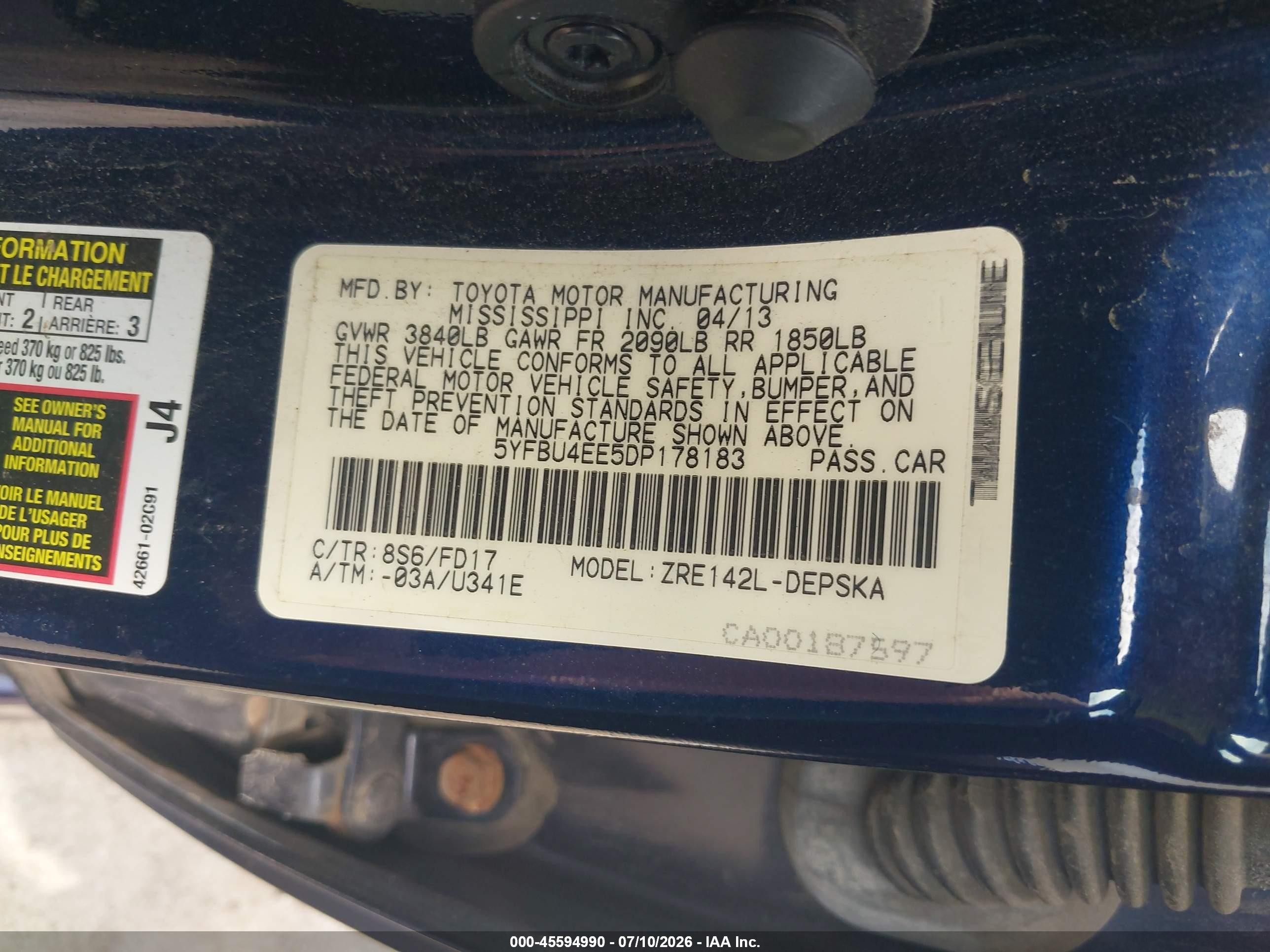 2013 Toyota Corolla S Синий vin: 5YFBU4EE5DP178183