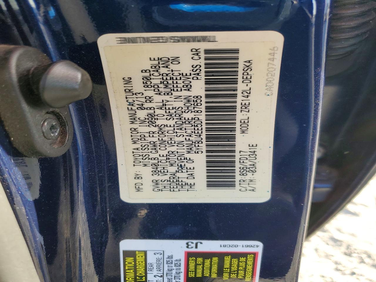 2013 Toyota Corolla S Blue vin: 5YFBU4EE5DP187658