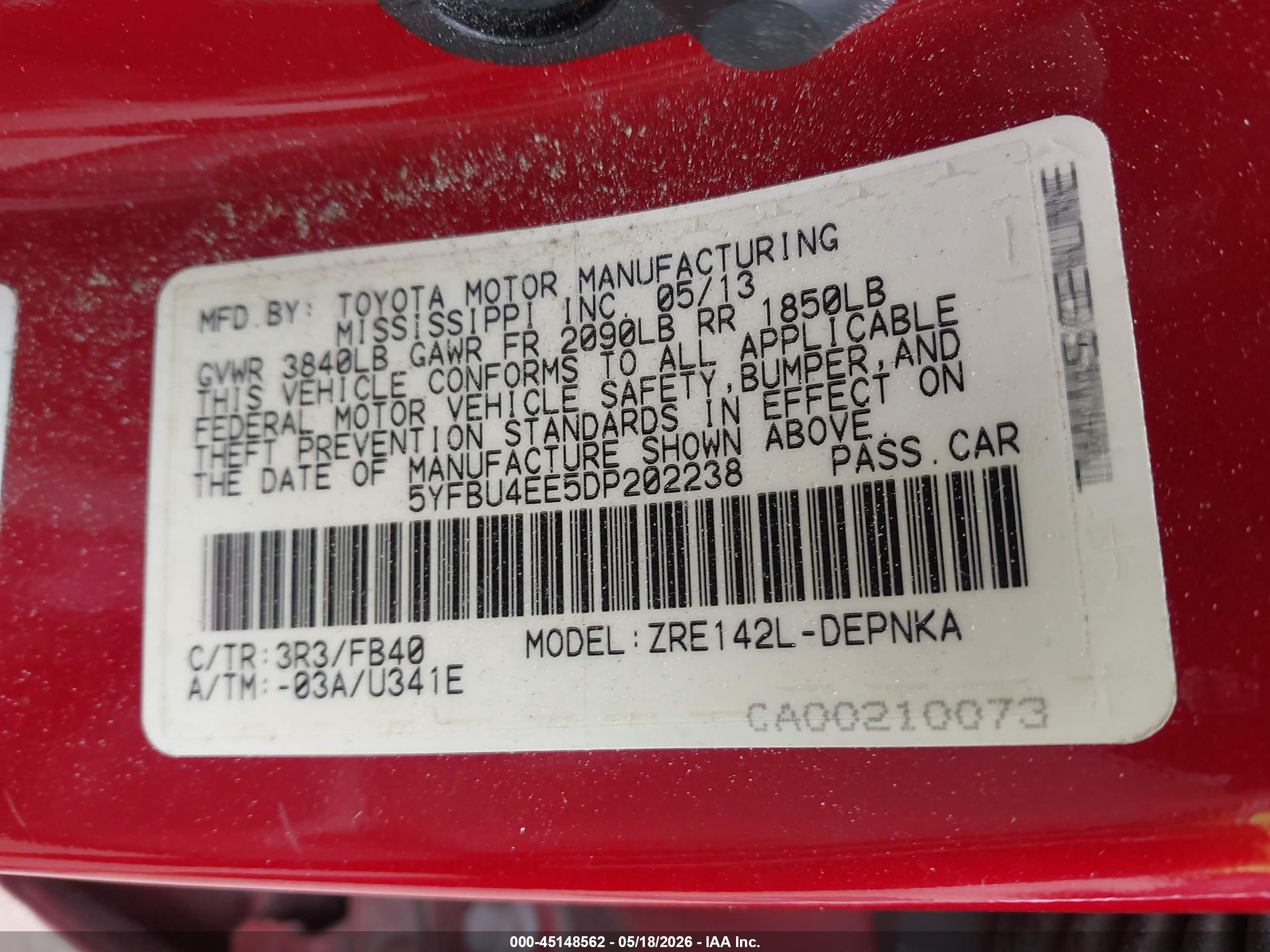 2013 Toyota Corolla Le Red vin: 5YFBU4EE5DP202238
