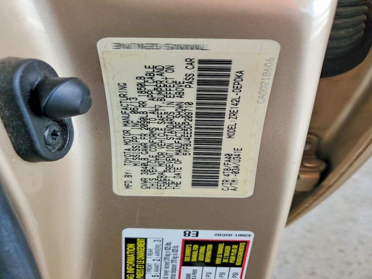 2013 Toyota Corolla L Gold vin: 5YFBU4EE5DP209710