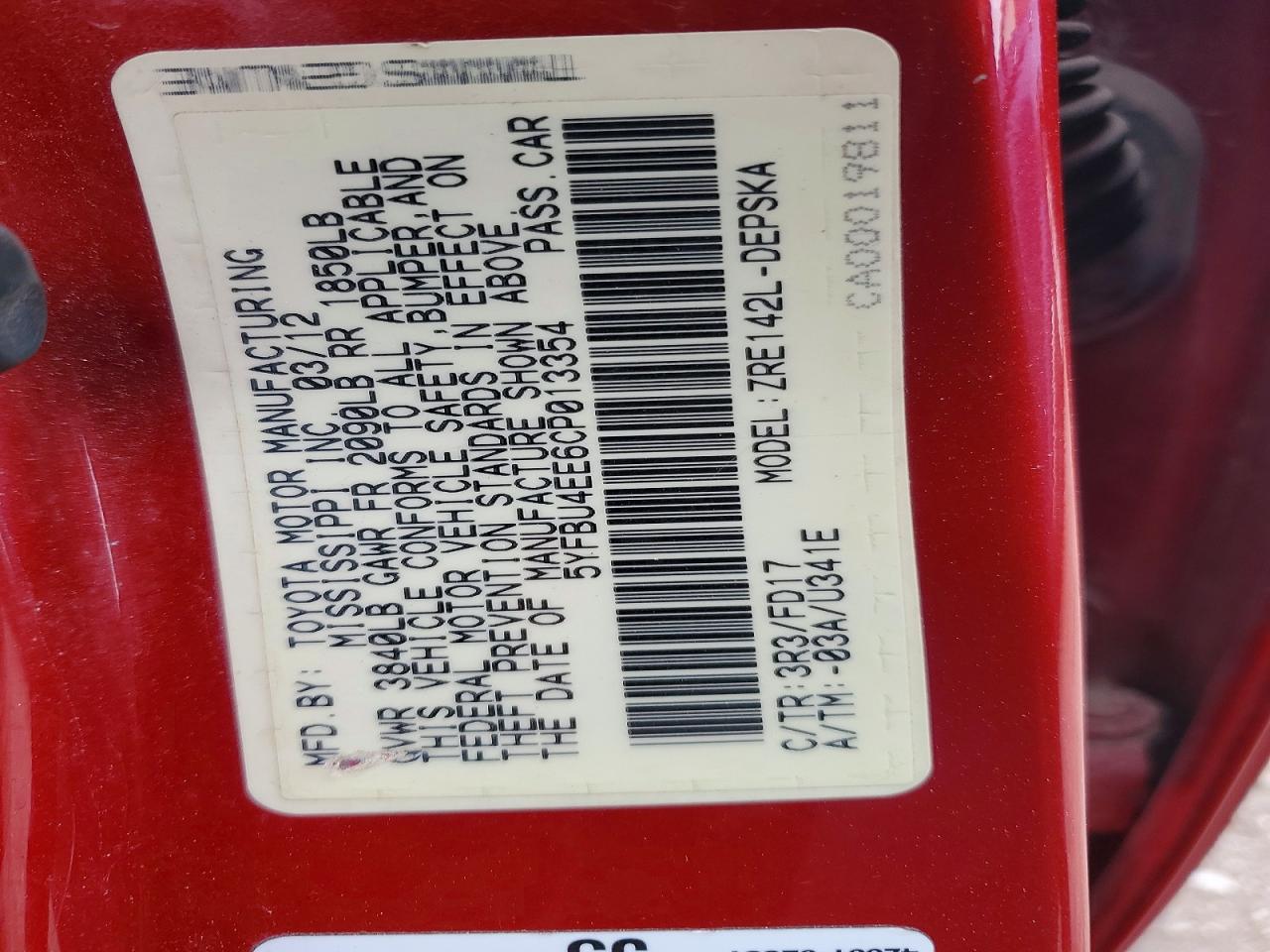 2012 Toyota Corolla S Red vin: 5YFBU4EE6CP013354