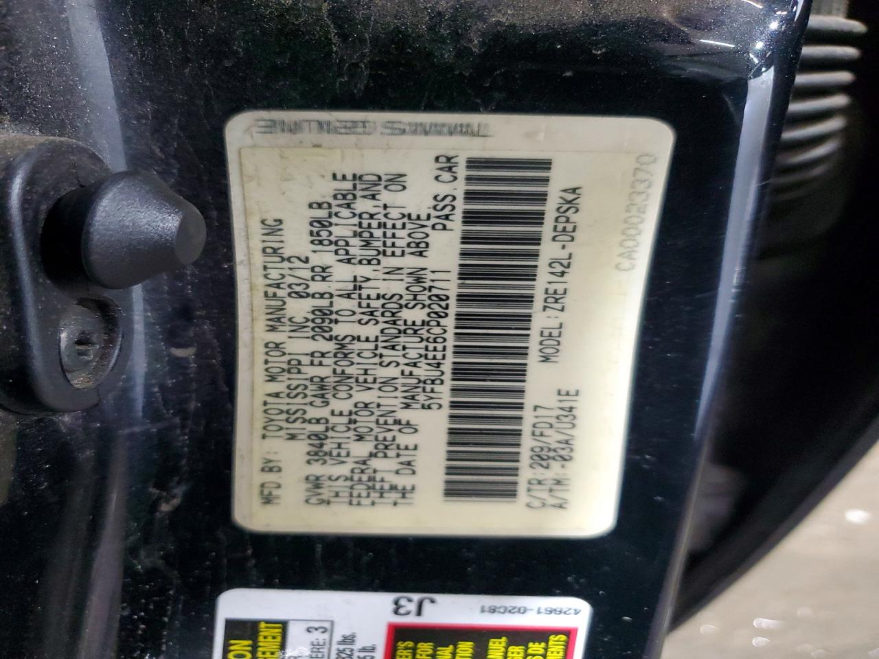2012 Toyota Corolla S Black vin: 5YFBU4EE6CP020711