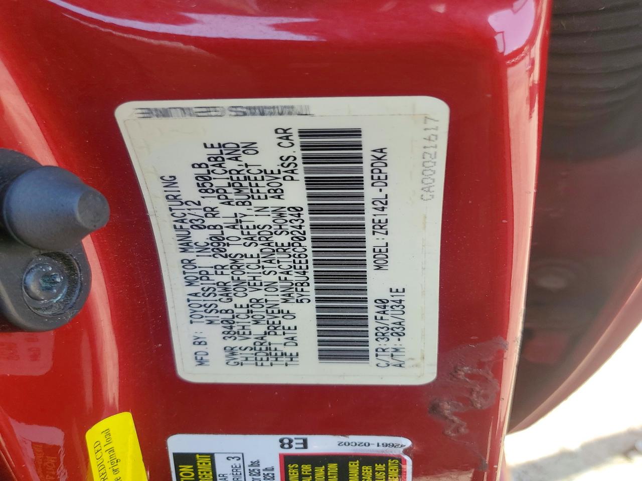 2012 Toyota Corolla L Red vin: 5YFBU4EE6CP024340