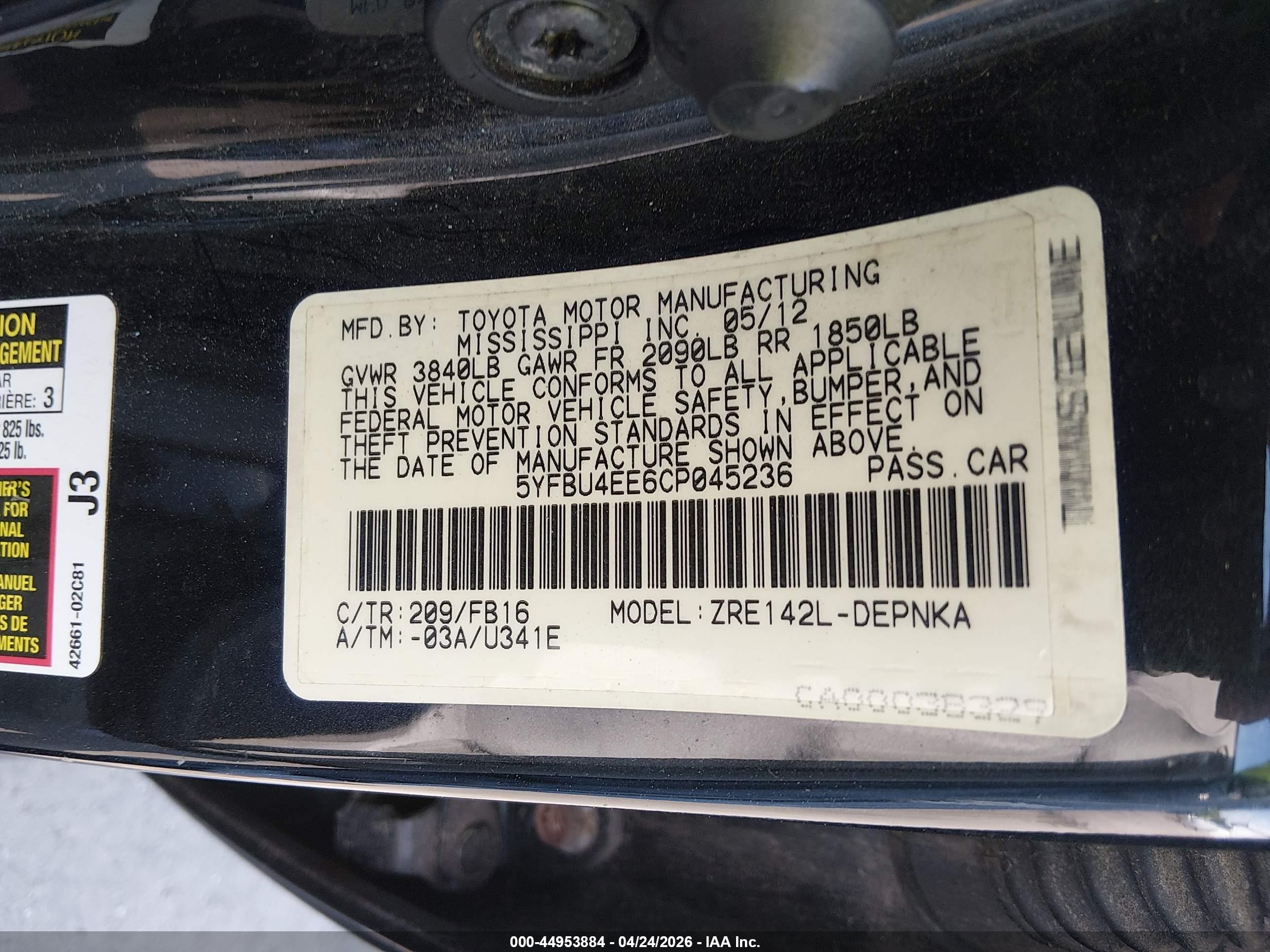 2012 Toyota Corolla Le Black vin: 5YFBU4EE6CP045236