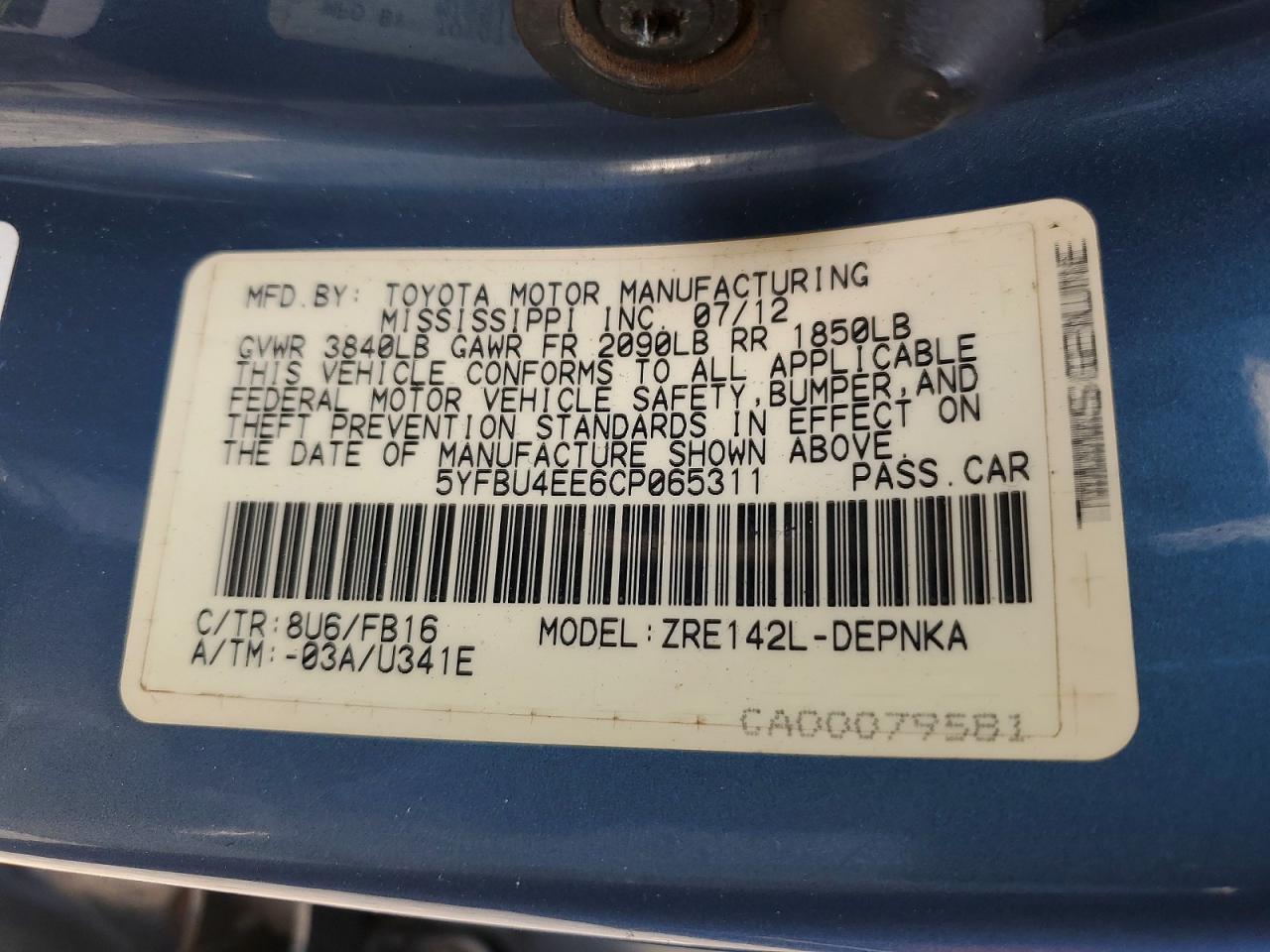 2012 Toyota Corolla Le Blue vin: 5YFBU4EE6CP065311
