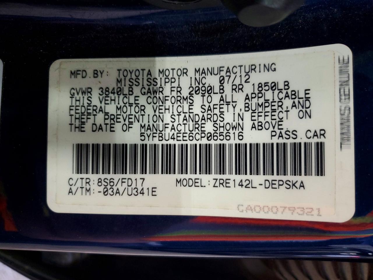 2012 Toyota Corolla S Синий vin: 5YFBU4EE6CP065616