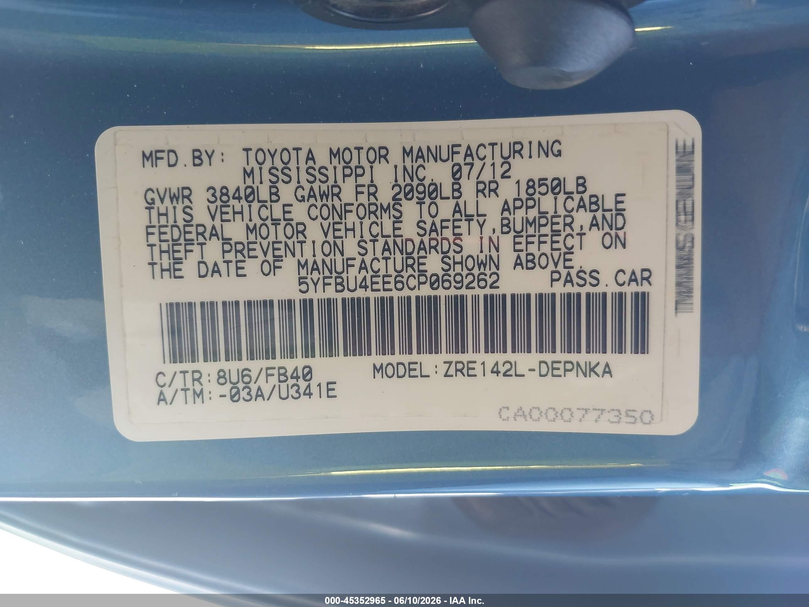 2012 Toyota Corolla Le Blue vin: 5YFBU4EE6CP069262