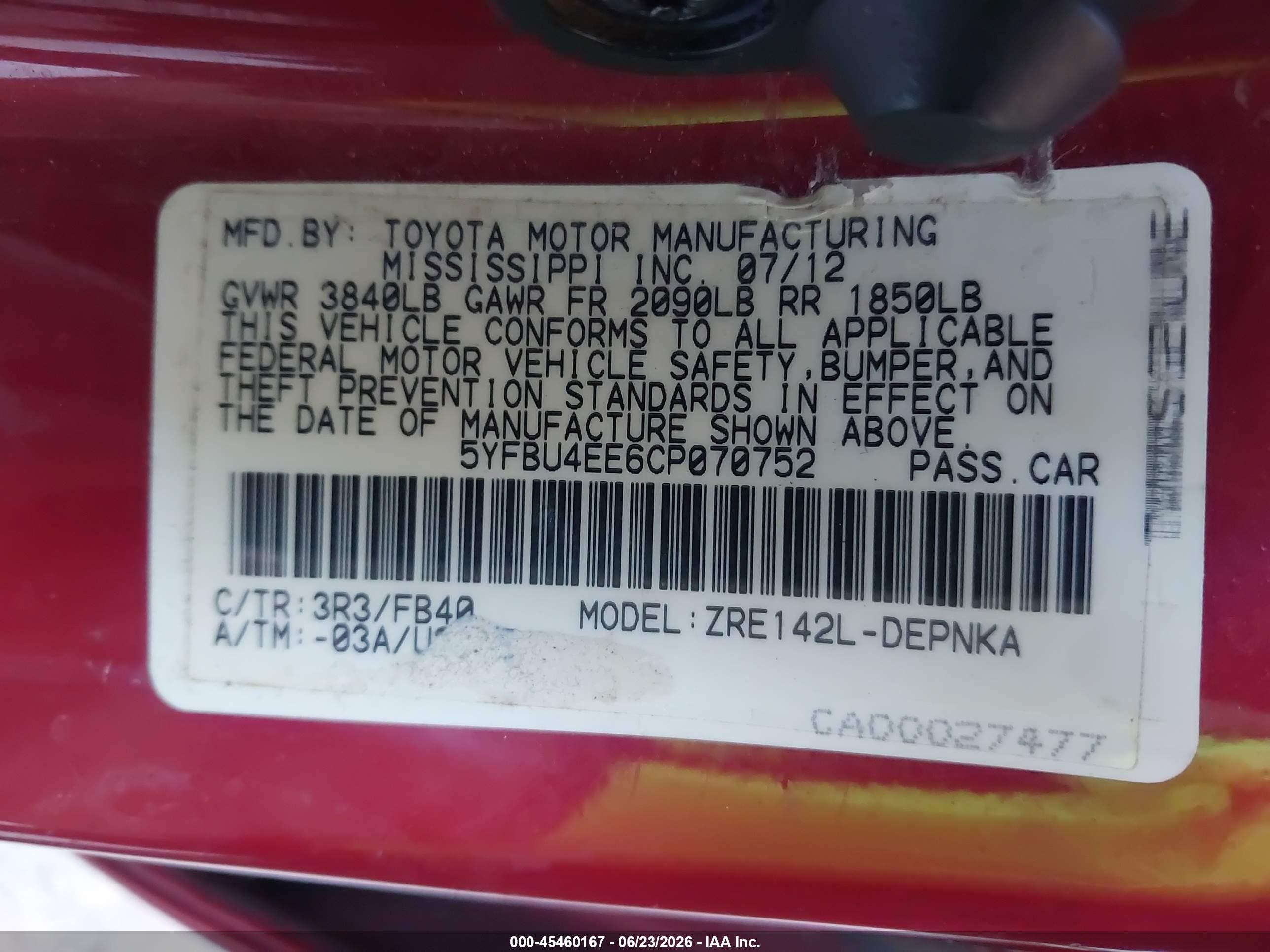 2012 Toyota Corolla Le Red vin: 5YFBU4EE6CP070752