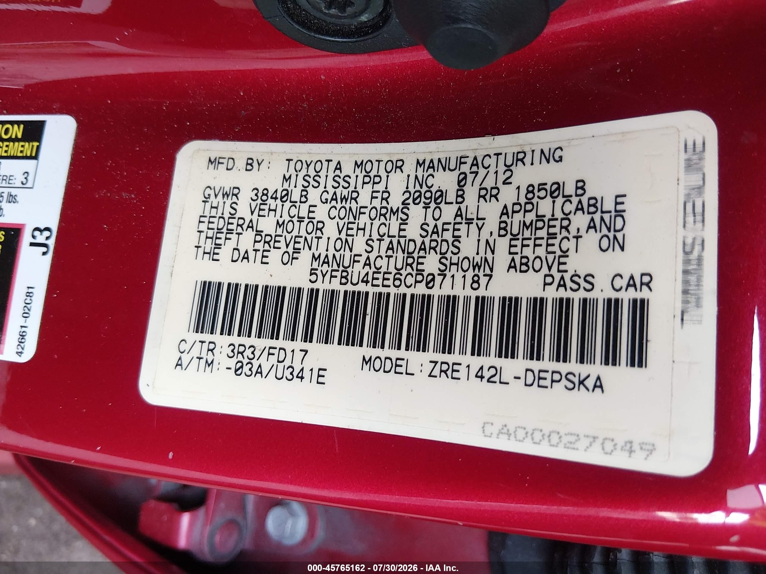 2012 Toyota Corolla S Red vin: 5YFBU4EE6CP071187