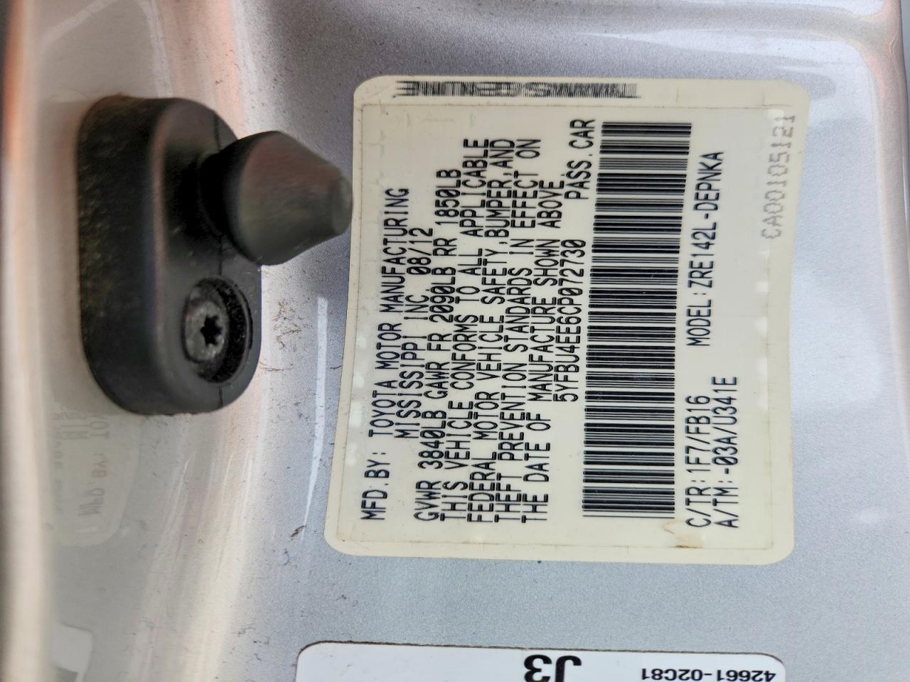 2012 Toyota Corolla Le Silver vin: 5YFBU4EE6CP072730