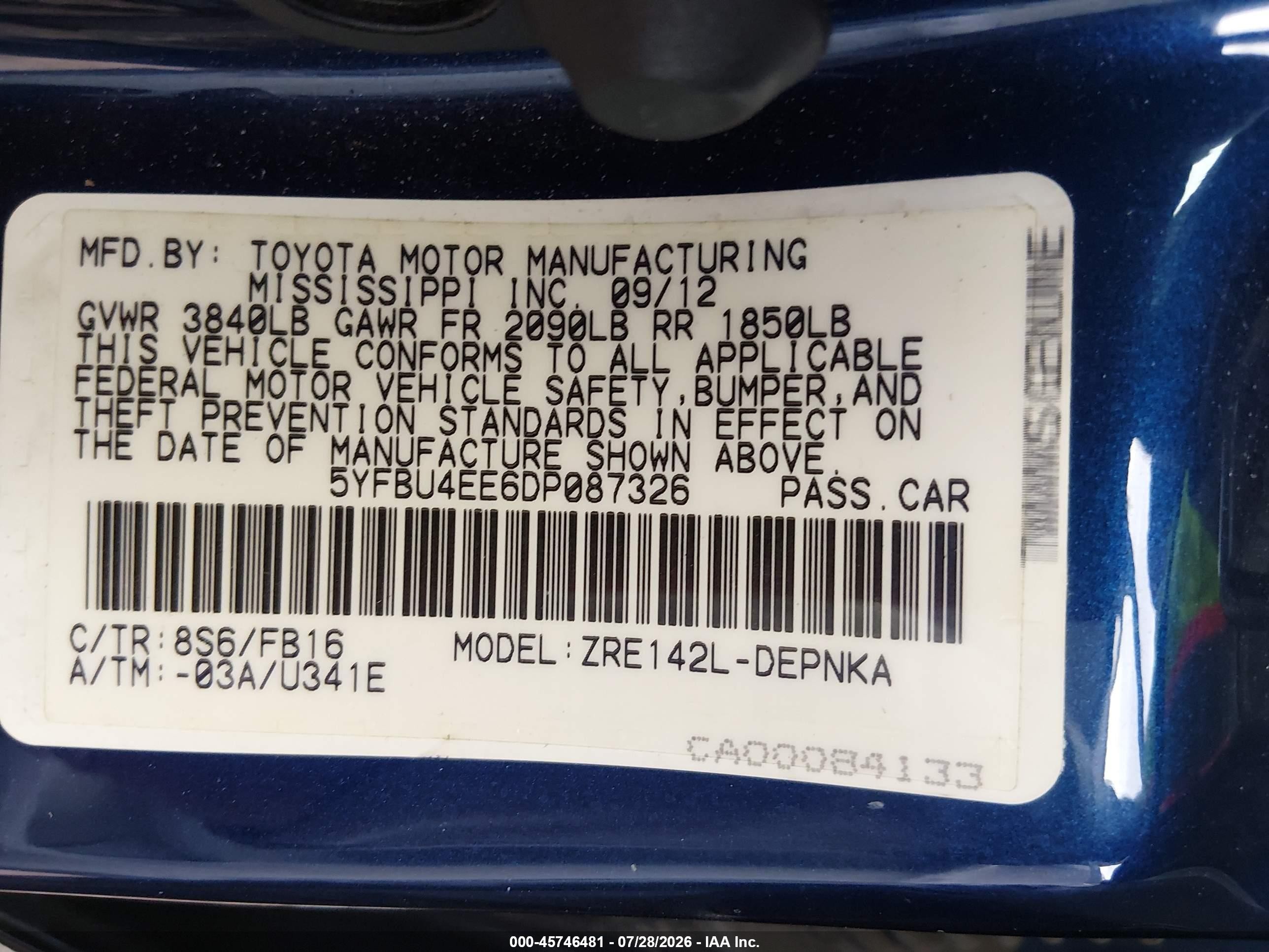 2013 Toyota Corolla Le Blue vin: 5YFBU4EE6DP087326
