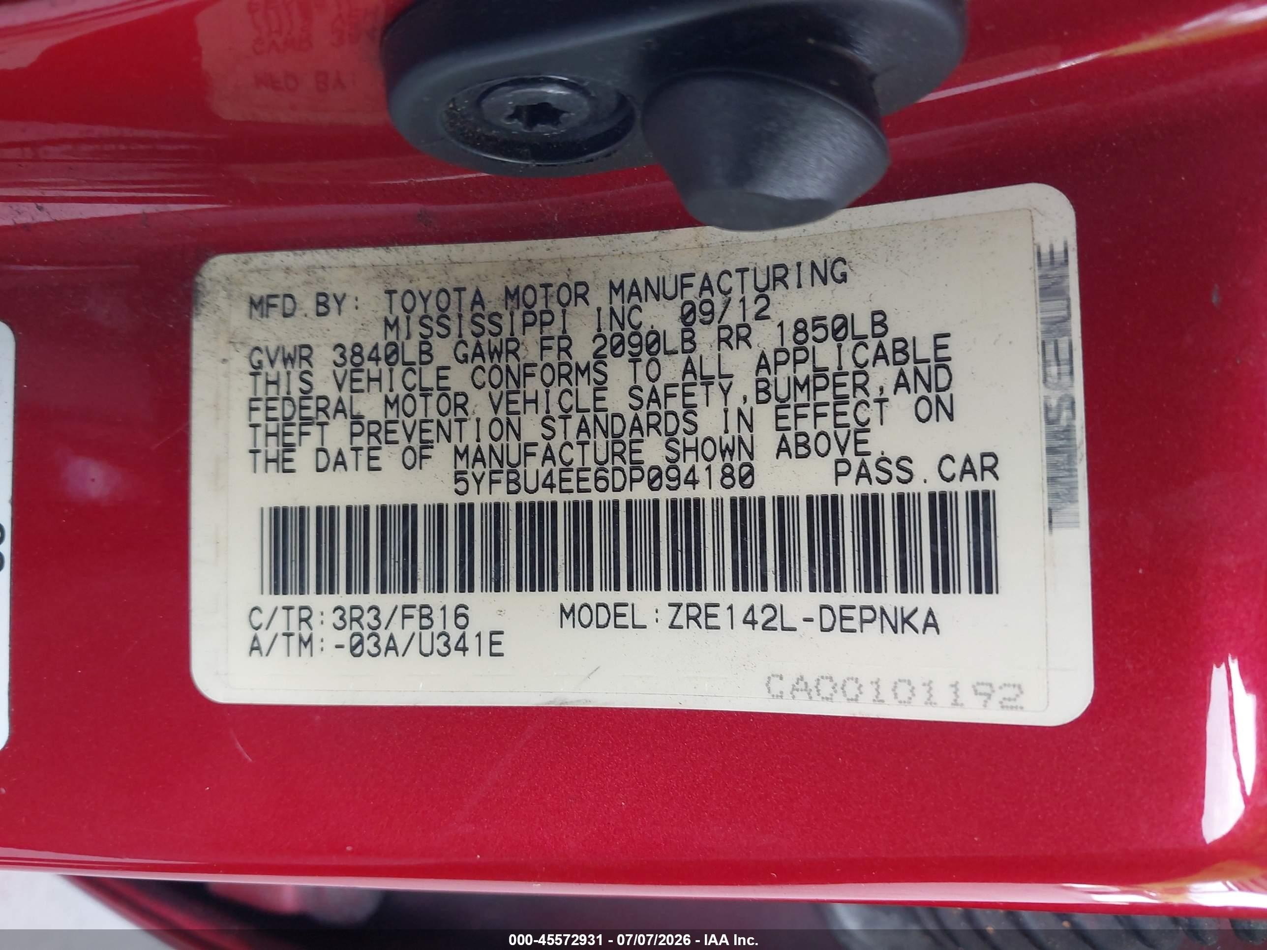 2013 Toyota Corolla Le Red vin: 5YFBU4EE6DP094180