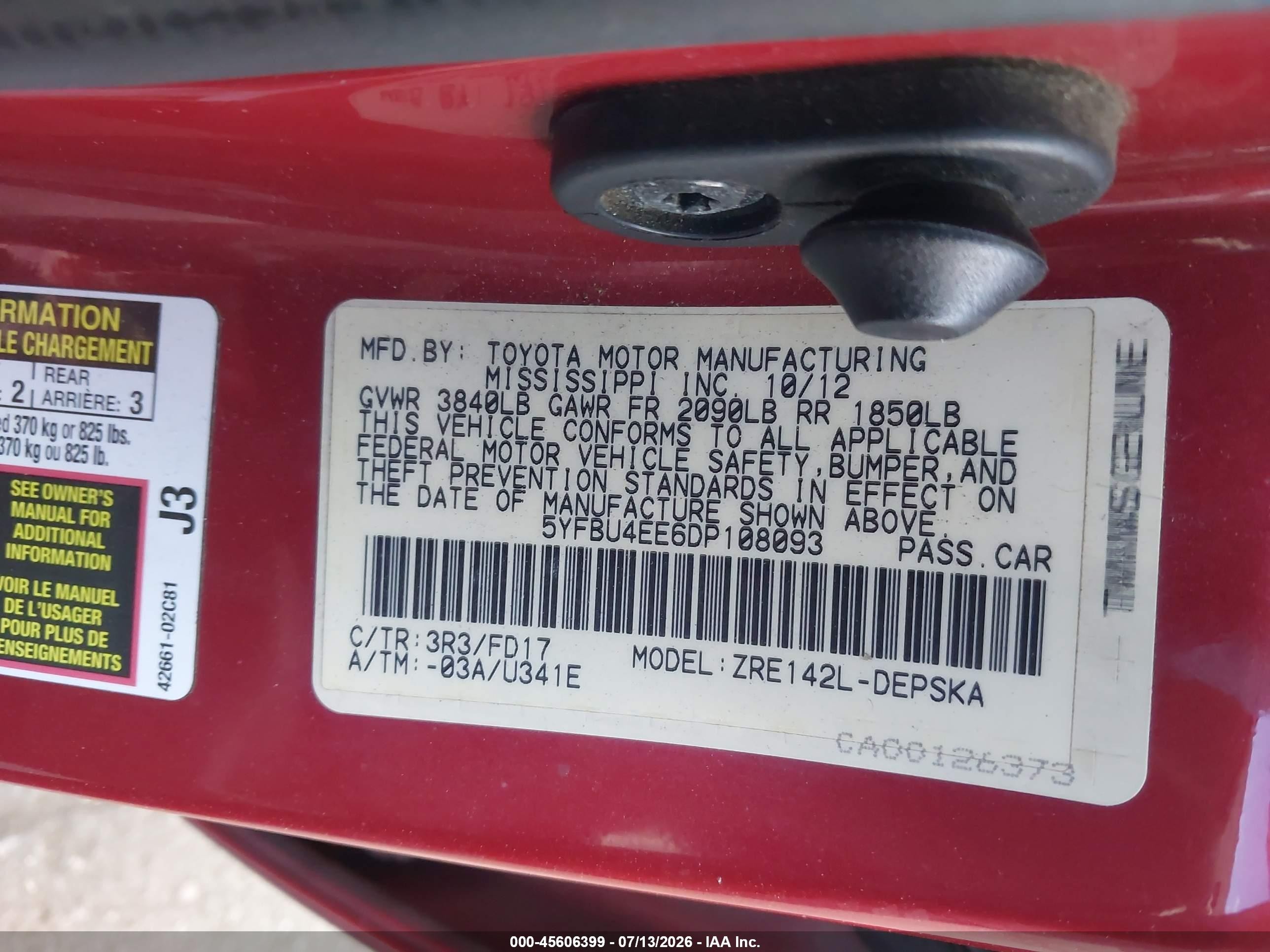 2013 Toyota Corolla S Red vin: 5YFBU4EE6DP108093