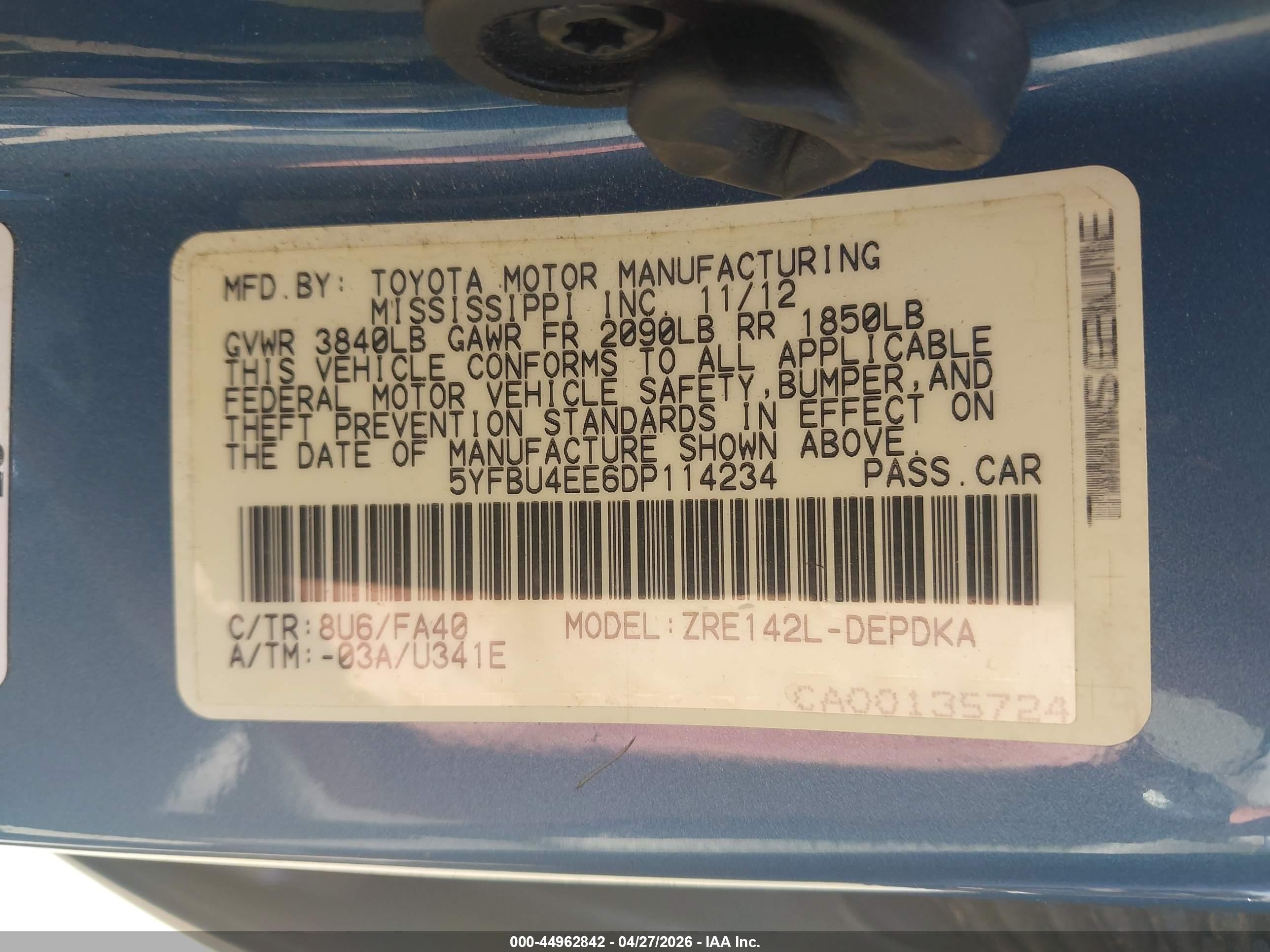 2013 Toyota Corolla L Blue vin: 5YFBU4EE6DP114234