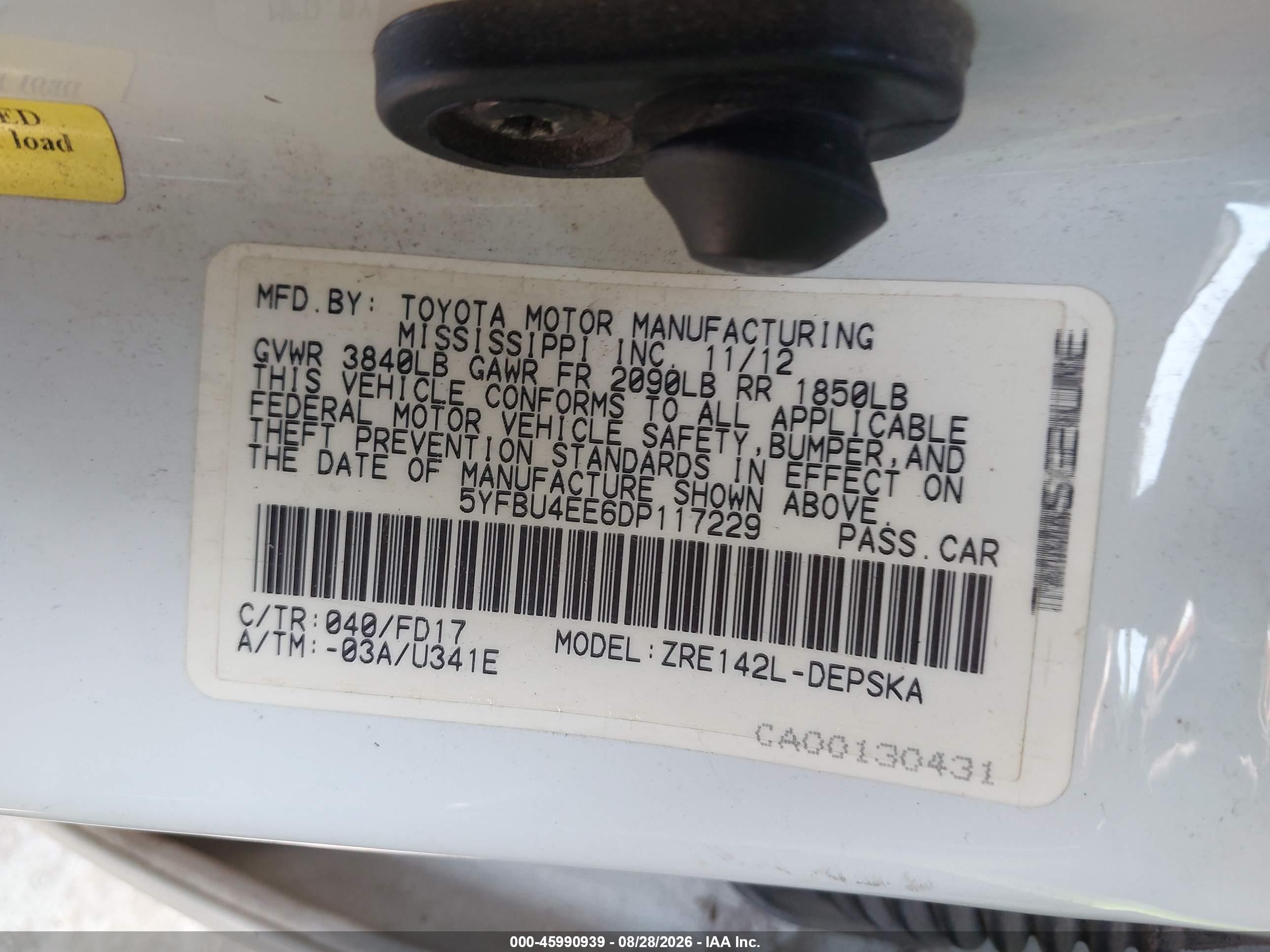 2013 Toyota Corolla S White vin: 5YFBU4EE6DP117229