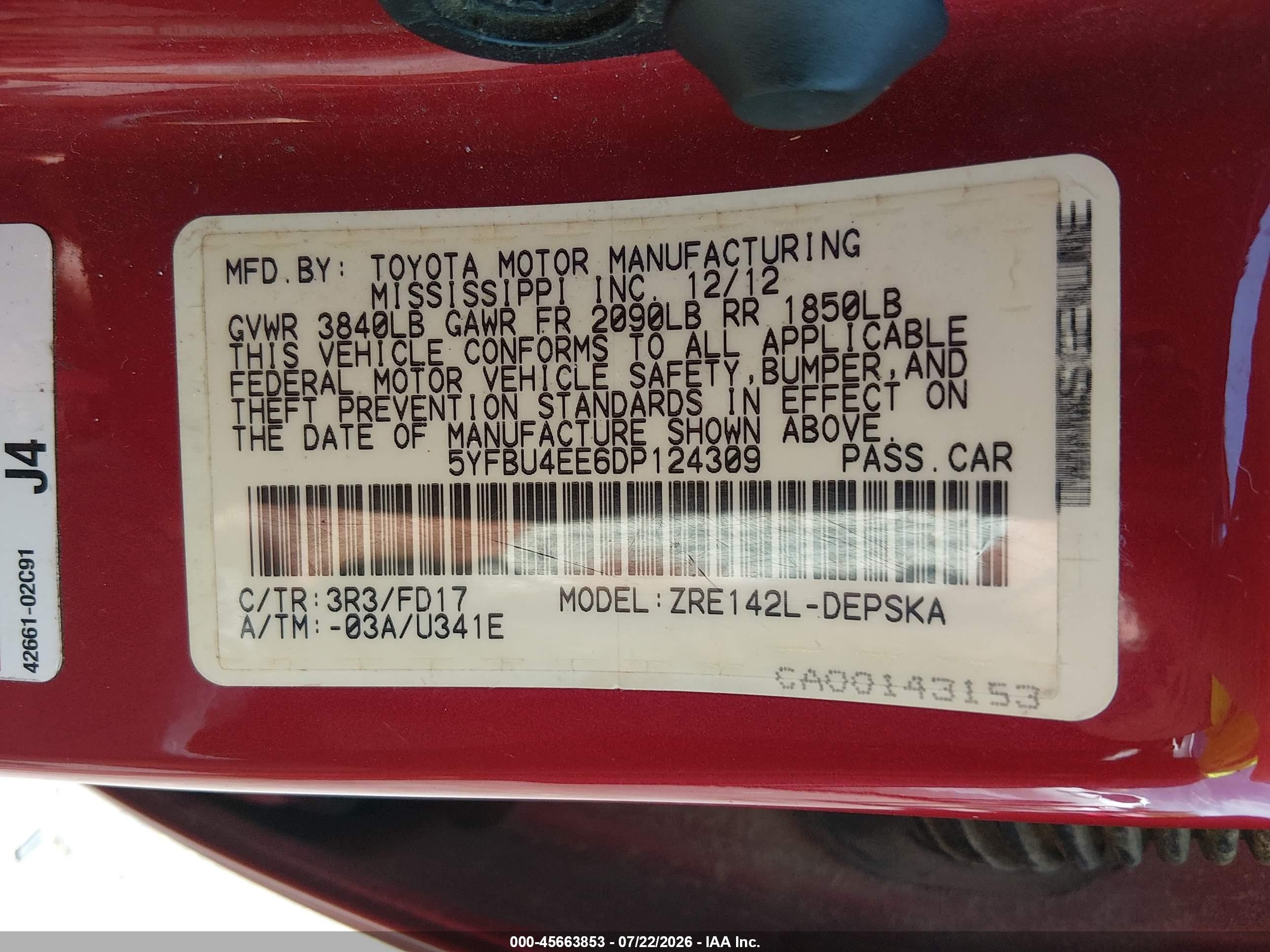 2013 Toyota Corolla S Red vin: 5YFBU4EE6DP124309