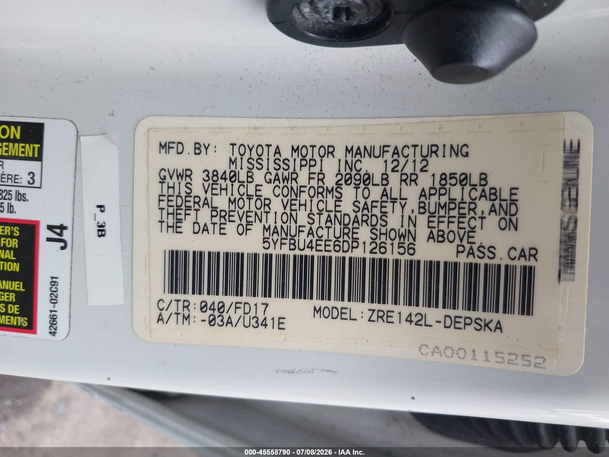 2013 Toyota Corolla S White vin: 5YFBU4EE6DP126156