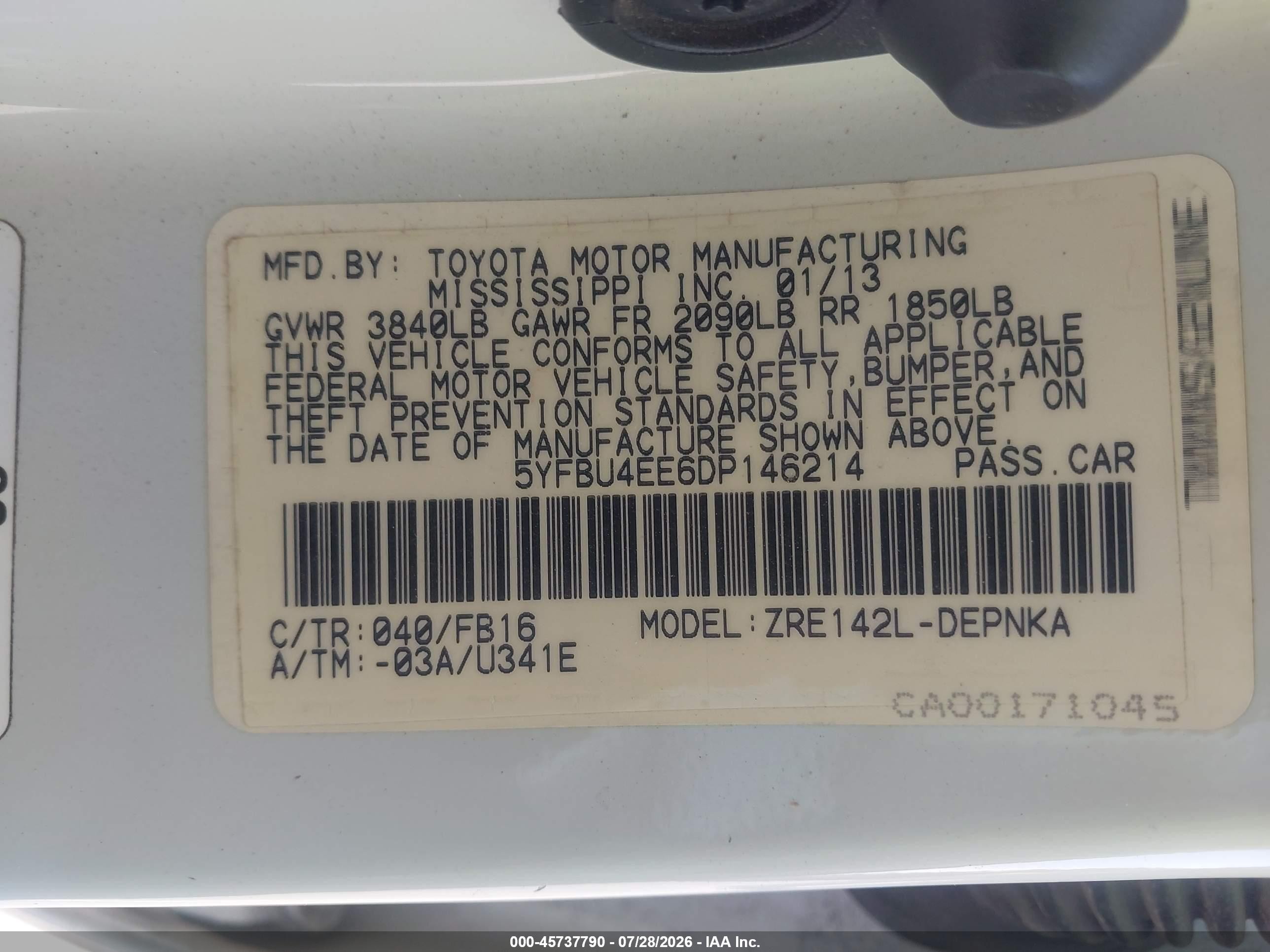 2013 Toyota Corolla Le White vin: 5YFBU4EE6DP146214