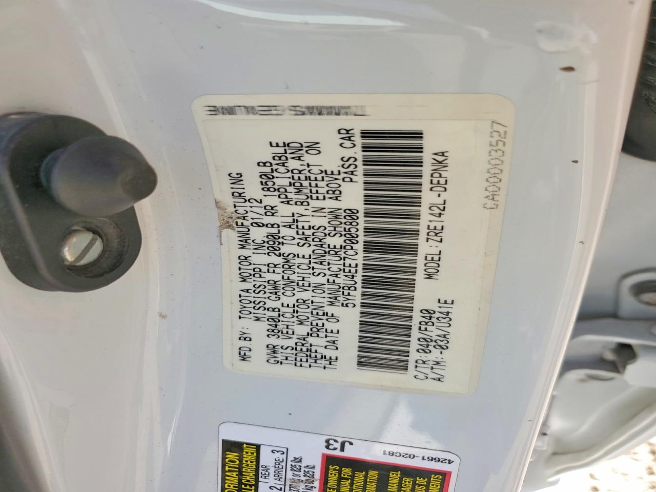 2012 Toyota Corolla Le Белый vin: 5YFBU4EE7CP005800