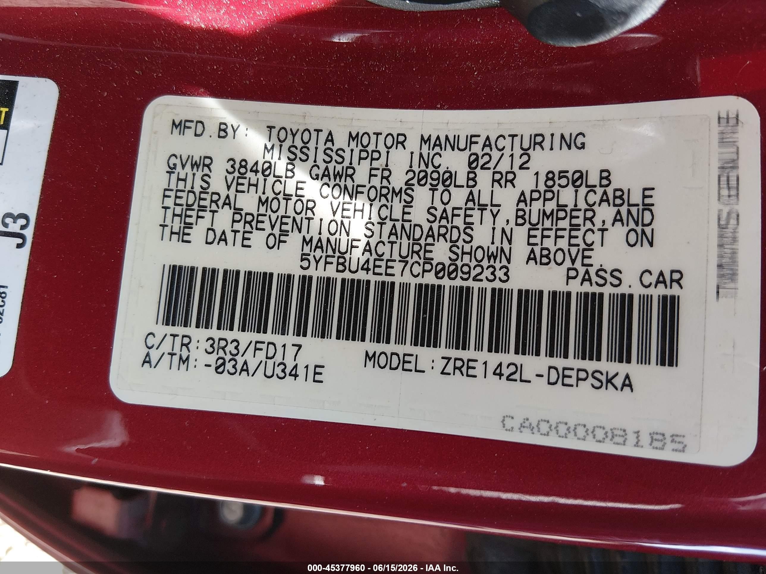 2012 Toyota Corolla S Red vin: 5YFBU4EE7CP009233