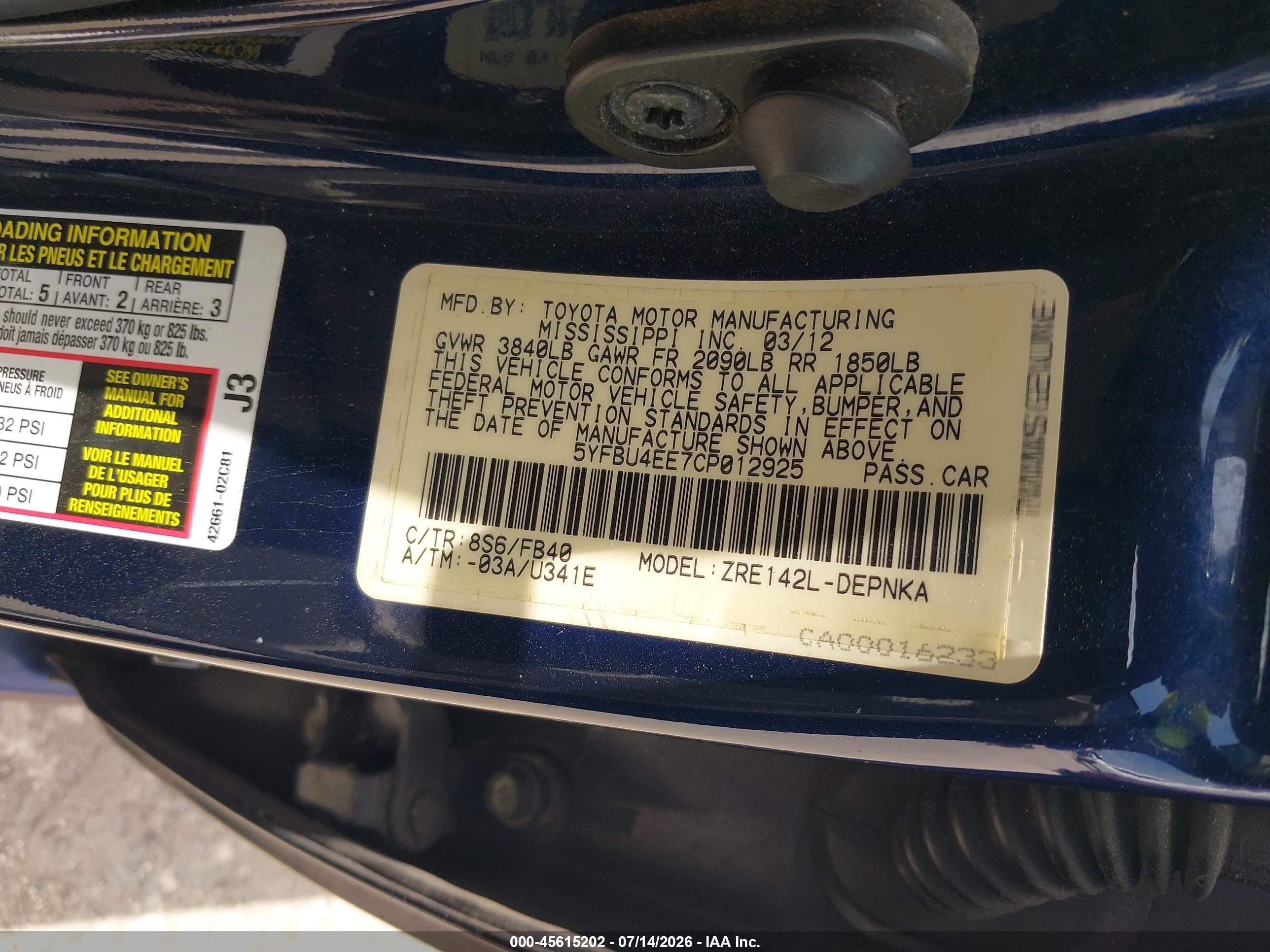 2012 Toyota Corolla Le Blue vin: 5YFBU4EE7CP012925