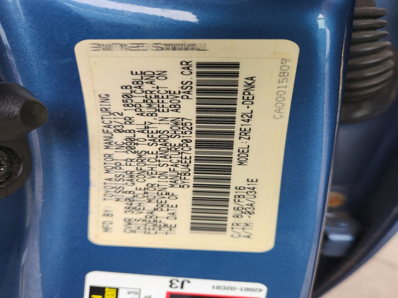 2012 Toyota Corolla Le Blue vin: 5YFBU4EE7CP015257