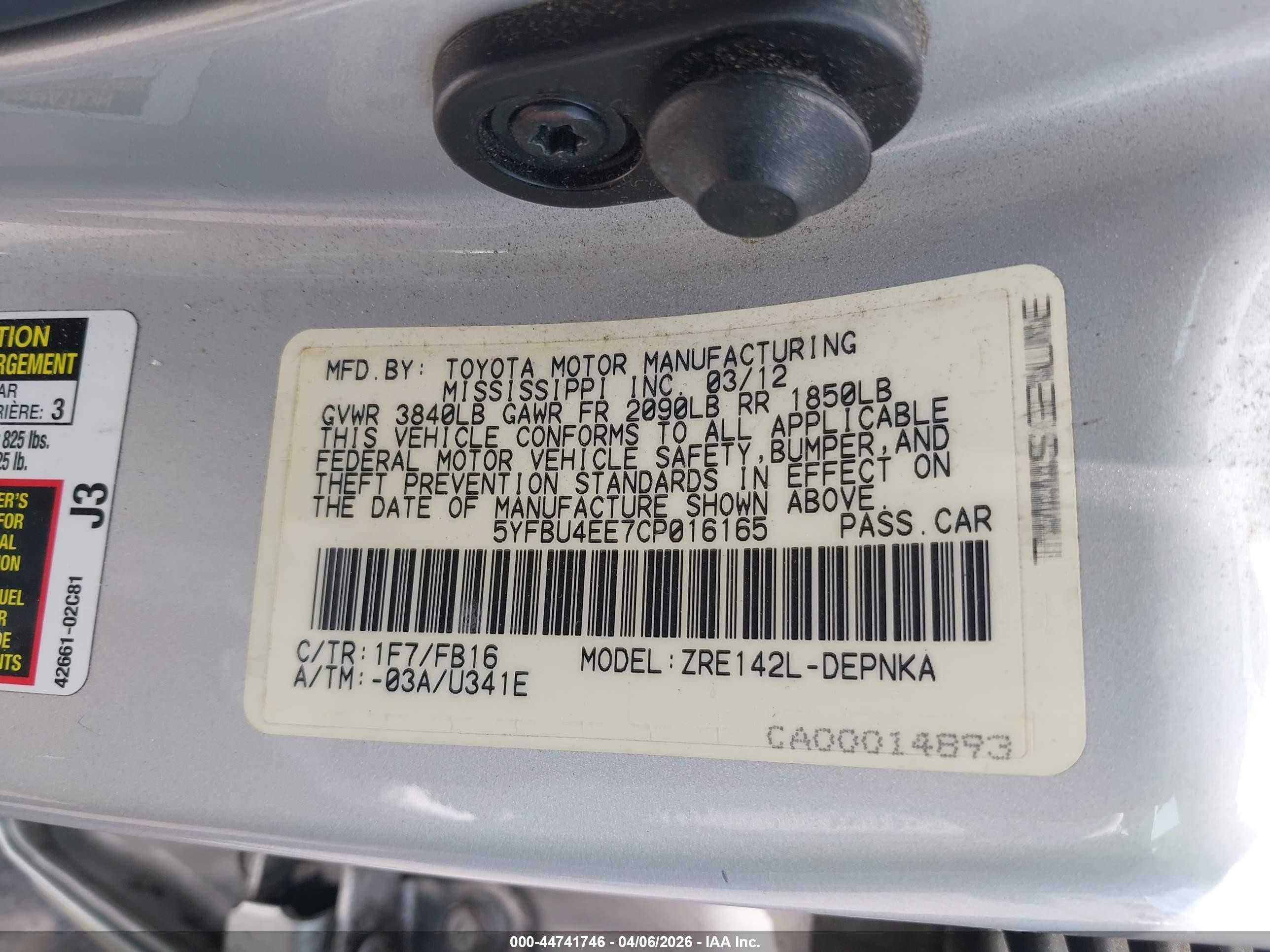 2012 Toyota Corolla Le Silver vin: 5YFBU4EE7CP016165