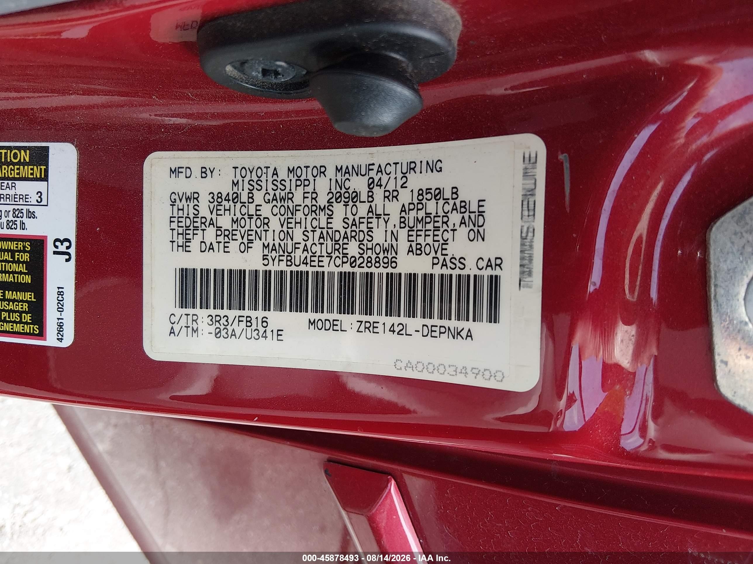 2012 Toyota Corolla Le Burgundy vin: 5YFBU4EE7CP028896